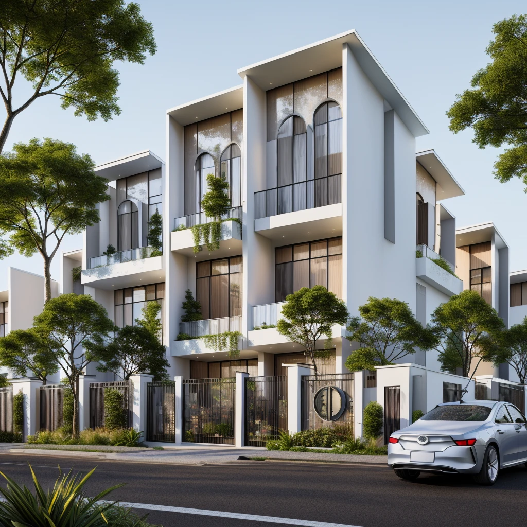 rendering of a modern residential townhouse, professional render, wide angle exterior 2023, highly detailed render, high quality rendering, realistic render, architectural render, high-quality render, detailed rendering, hyper-realistic render, hyper - realistic render, very realistic 3 d render, high render, realistic rendering, very realistic render