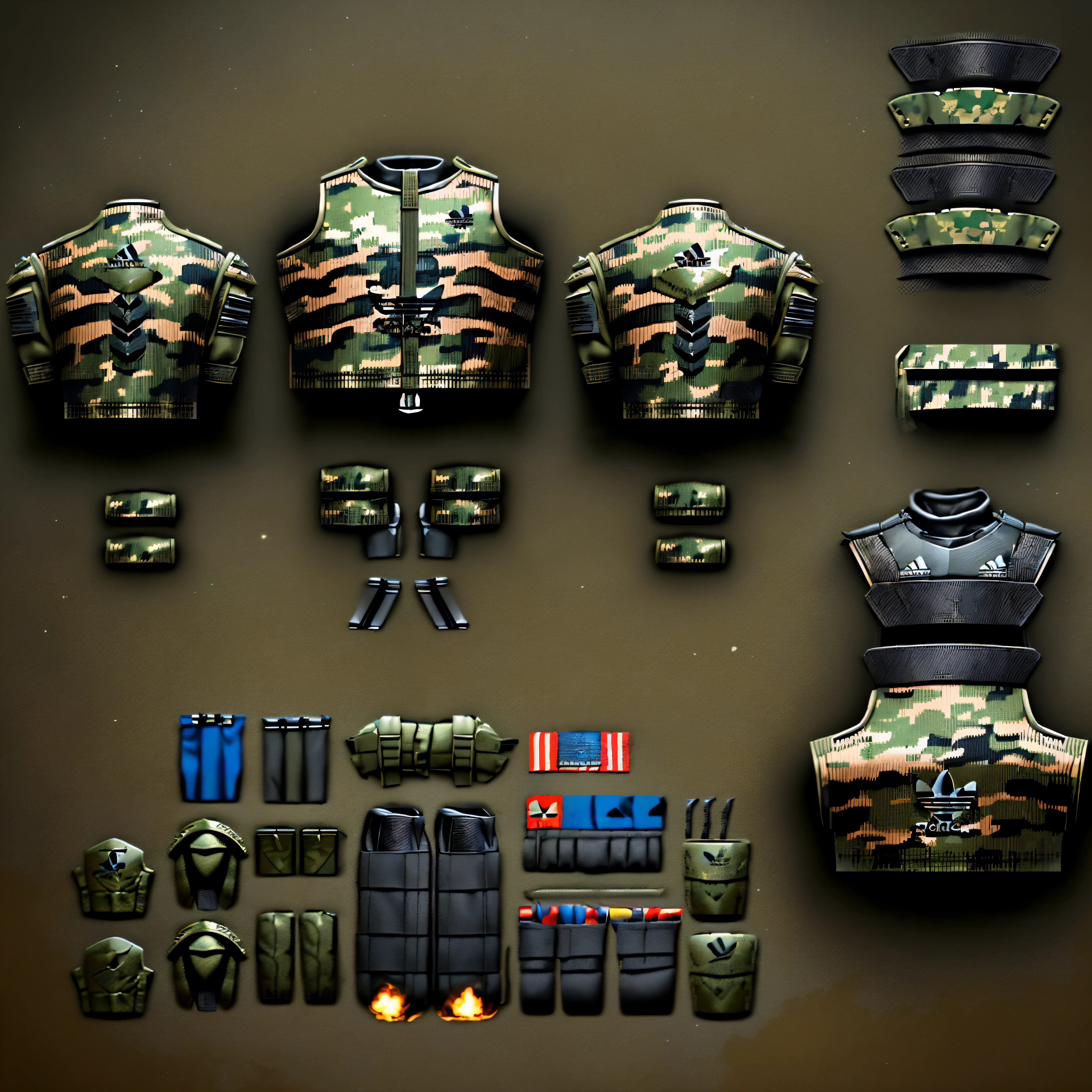 ((military styling)), ((camo)), ((holsters)), belts, ((straps)), ((ADIDAS CLOTHING STYLING)), ((RED AND BLACK AESTHETIC), FLAMES, clothing and accessories, highly detailed panel cuts, detailed woodcut armor, highly detailed clothing, clothes high detail, highly detailed armor, armor elements, complete detailed body, stylised military clothes, very detailed and rich clothing, full plate armor with cloth, combat mech clothes, detailed space suit