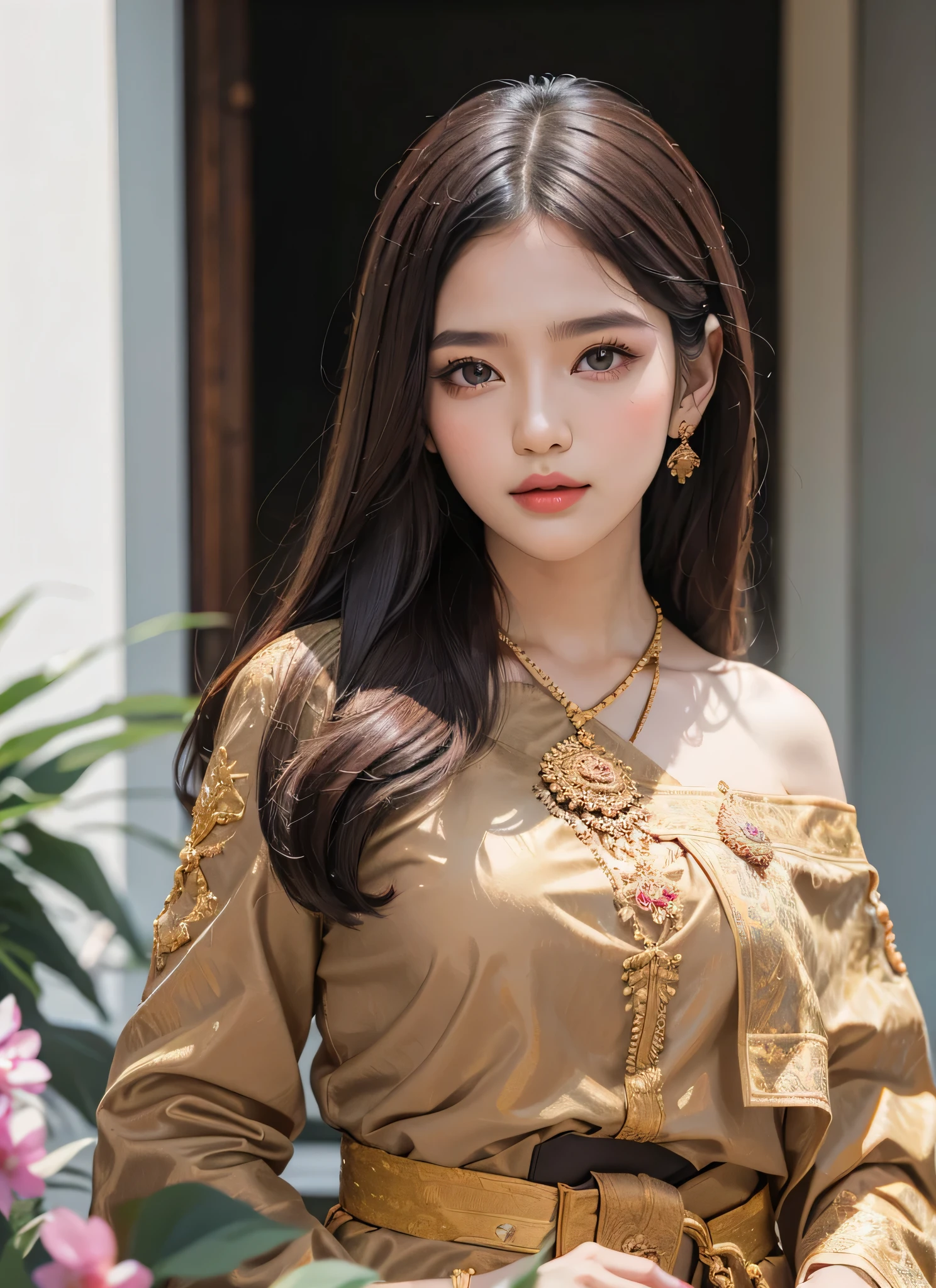 1 girl, Big dark brown eyes with radiant transparency、Traditional Red Thai dress (sabai:1.1) ,Bangs that extend to the front of the face、Completely beautiful girl at 18 years old、White and beautiful young shiny skin、Sexy and very beautiful good looks、Very cute face with perfect beauty、Super long black hair、Super Long Straight Silky Hair、二重まぶた、eye line、Large bust