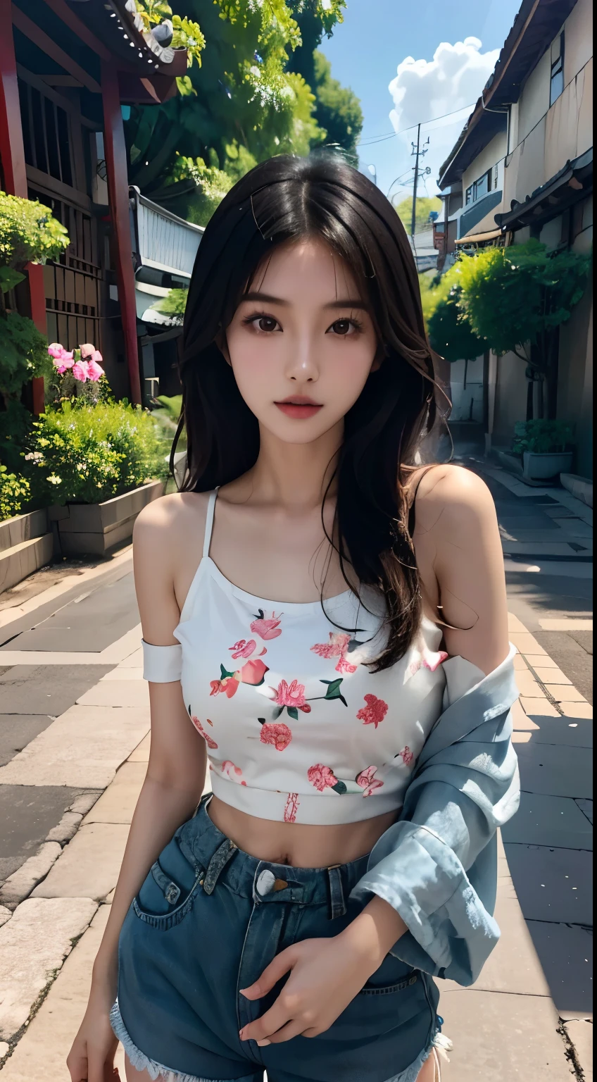 arafed asian woman in a floral top and denim shorts posing for a picture, beautiful asian girl, young asian girl, korean girl, asian girl, 2 4 year old female model, cute young woman, young and cute girl, chinese girl, beautiful girl model, cute young girl, dressed in a top and shorts, beautiful model girl, gorgeous young korean woman