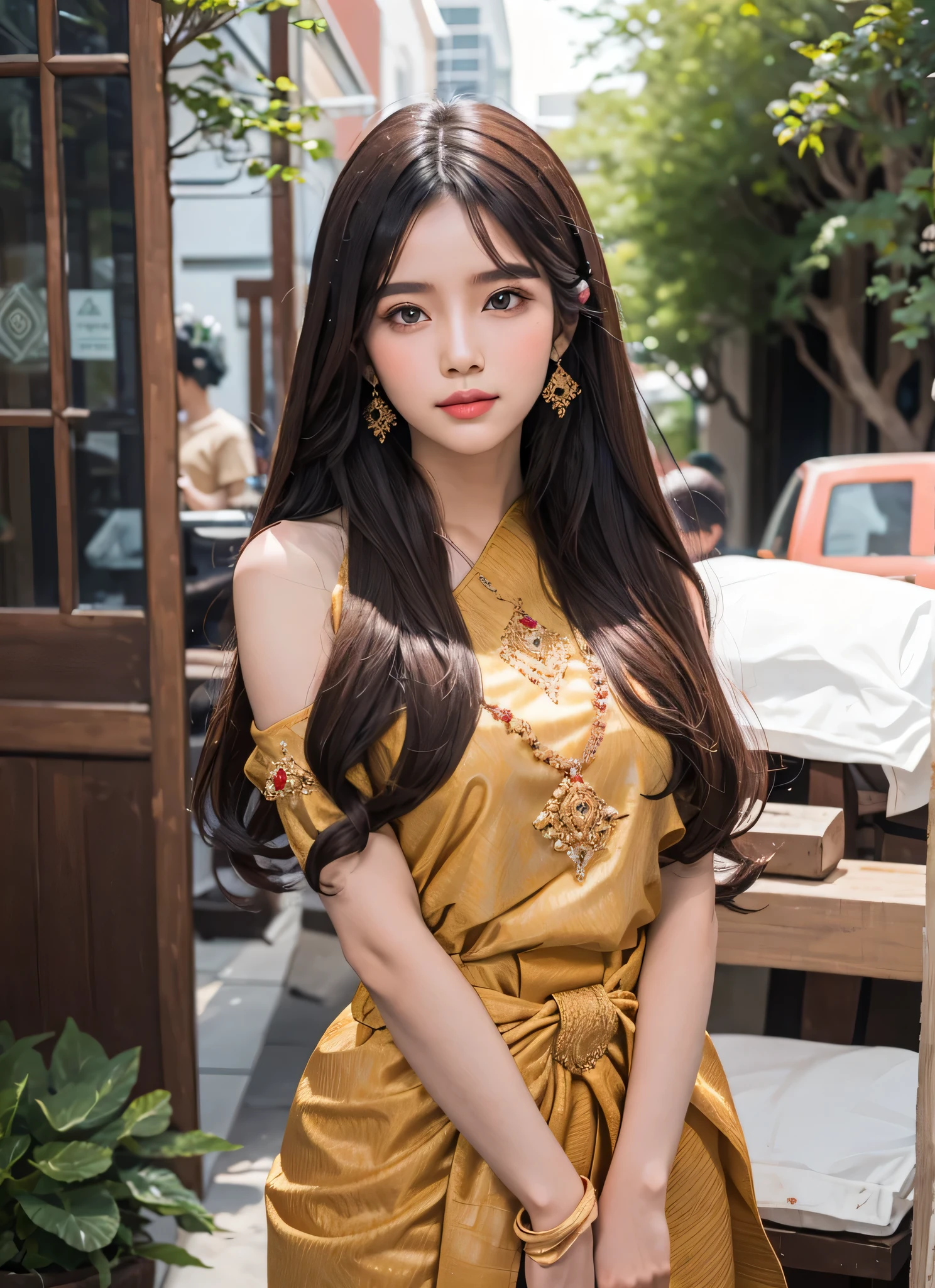 1 girl, Big dark brown eyes with radiant transparency、Traditional Red Thai dress (sabai:1.1) ,Bangs that extend to the front of the face、Completely beautiful girl at 18 years old、White and beautiful young shiny skin、Sexy and very beautiful good looks、Very cute face with perfect beauty、Super long black hair、Super Long Straight Silky Hair、二重まぶた、eye line、Large bust