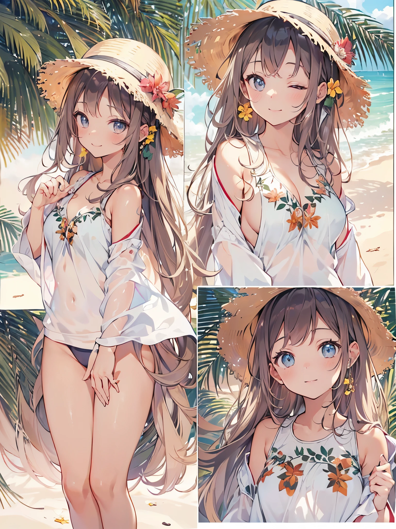 ((4k、8k、top-quality、perfect fingers: 1.3、perfect anatomia: 1.3、Background blur))、((、small tits 、cute big droopy eyes、stright long hair、a beautiful slender girl、A smile))、(onepiece swimsuit)、Full-body angle、、White sandy beach、