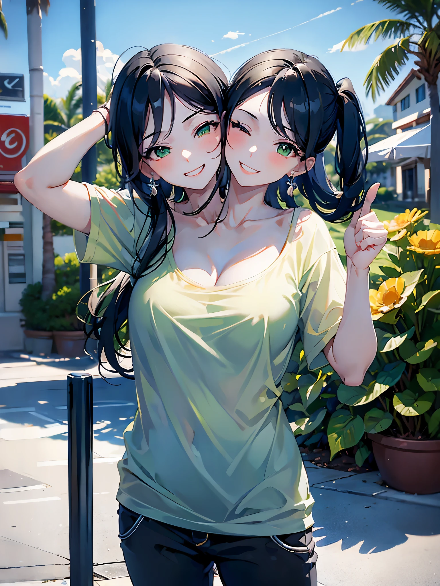 Anime girl with long black hair and green eyes posing for a picture ...