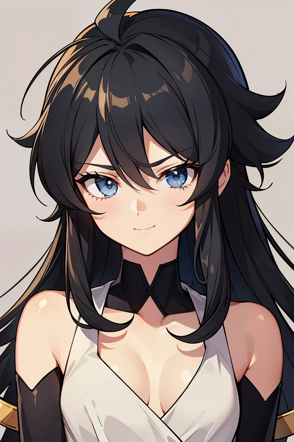 (high-quality, breathtaking),(expressive eyes, perfect face) portrait, 1girl, girl, solo, young adult, black hair, blue coloured eyes, stylised hair, gentle smile, medium length hair, loose hair, side bangs, curley hair, really spiky hair, spiked up hair, looking at viewer, portrait, ancient greek clothes, black long sleeved tunic gold trim around collar edges and down middle, greek, red and gold sash, simple background, slightly narrow eyes, baby face, small body, happy expression, clothes similar to Hypnos Saint Seiya, clothes similar to Alone Saint Seiya, C cup size breasts