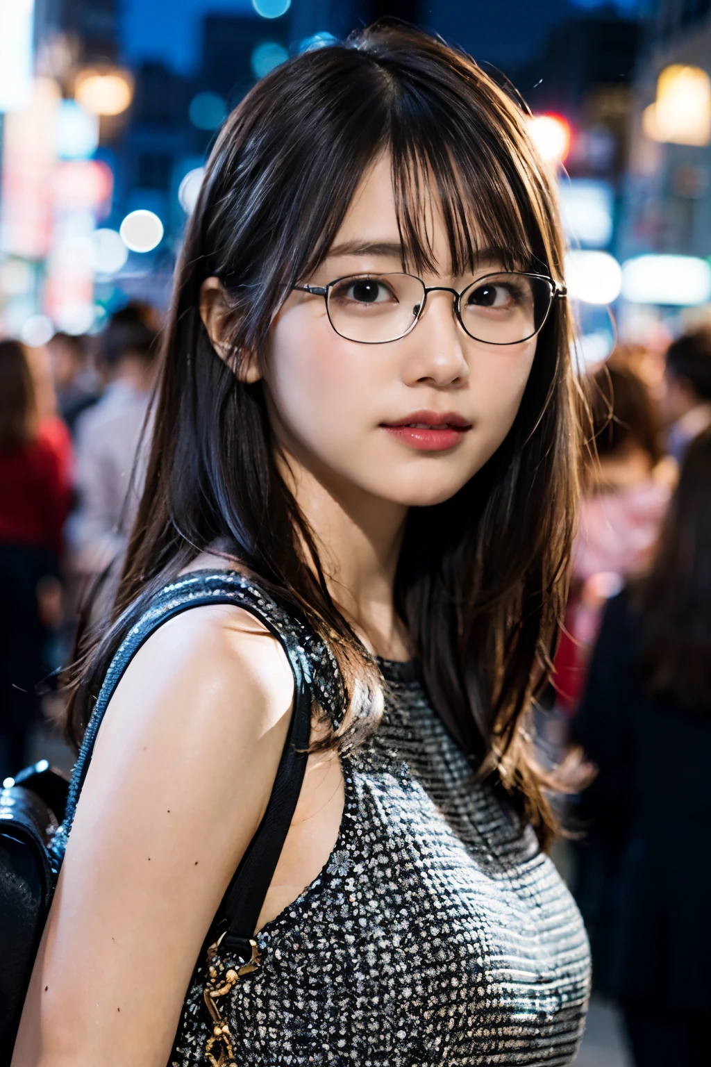 (8K、Raw photography、top-quality、masterpiece:1.2)、(realisitic、Photorealsitic:1.37)、ultra-detailliert、超A high resolution、1人、see the beholder、beautifull detailed face、A smile、Constriction、(Slim waist) :1.3)、White summer clotheeautiful detailed skin、Skin Texture、Floating hair、Braided hair、Professional Lighting、Downtown at night、((Black square glasses )) 、Whole human body、Brown hair