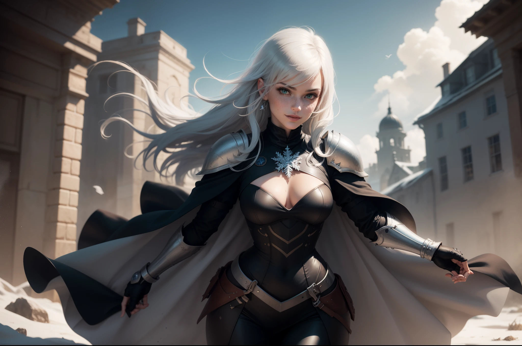 gwen tennyson,1girl,yorha 2b,riven,tracer, overwatch,atelier ryza,close up,battlefield view,tattoos,royal black and white plugsuit,white short sleeve knight top,snowflake knight full steel armor,long knight skirt,white knight corset,steel leggings,long hair,princess makeup,green eyes,multicolored silver hair,long dress train,shy smile,freckles,beautiful girl, knight thigh high boots,large breasts,8k,ultra detailed,realistic,fantasy art,steel knight uniform,queen gown dress,hair pin,ear piercings,snowflake hand and neck jewelry,(weather:windy),long black knight cape,holding a sword on each hand,(pose:ready to attack),