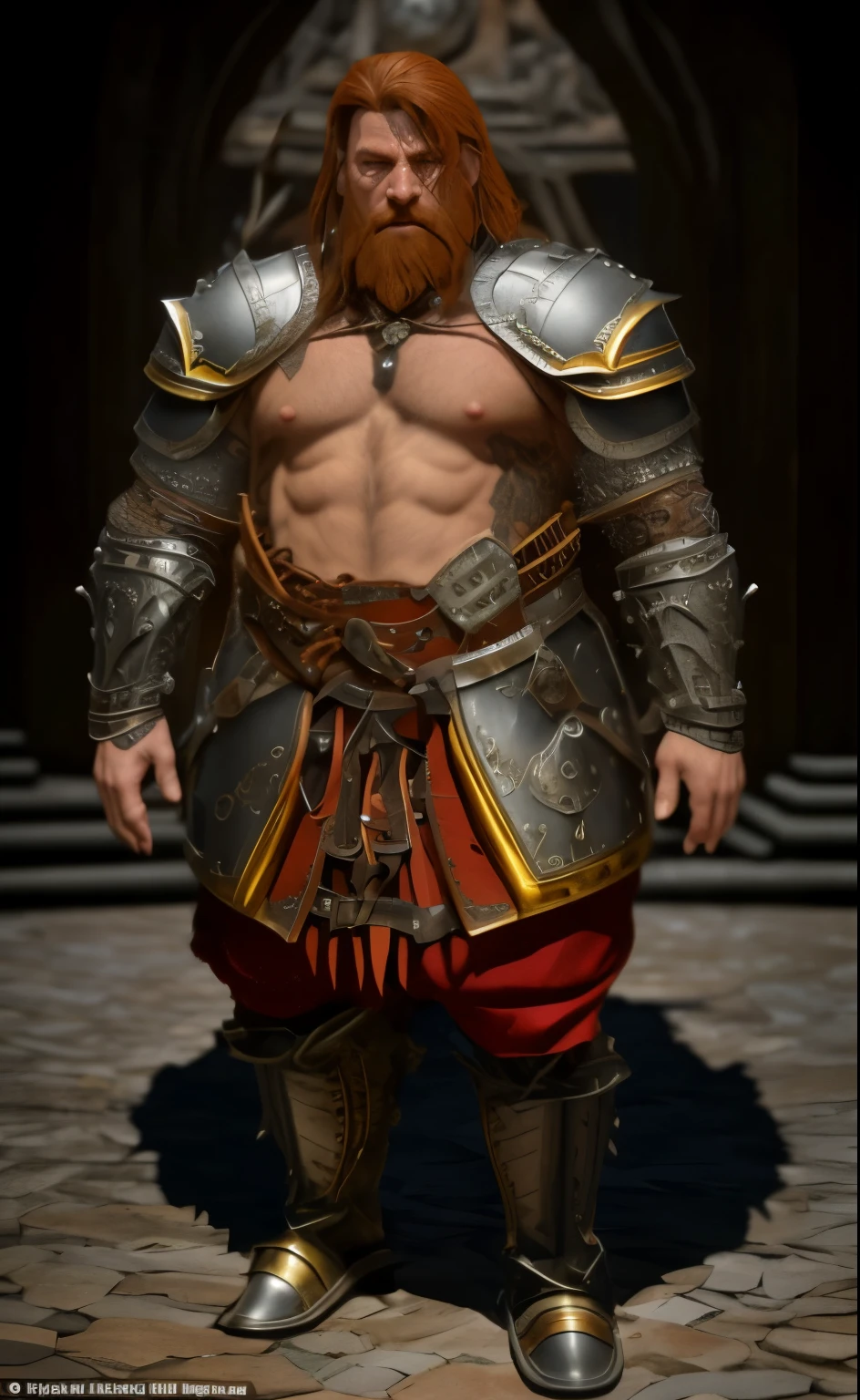 arafed man in armor with a beard and a beard, render of heavy fantasy armor, hyperdetailed fantasy character, armour merging with body, wearing sculpted textured armour, thick armor, highly detailed armor, wearing sculpted textured armor, detailed viking armor, detailed fantasy armor, intricate ornate armor, detailed intricate ornate armour, photogenic details on armor, heavy fantasy armor, detailed armor, long red beard, long red hair, long red beard, belly out, skin showing,