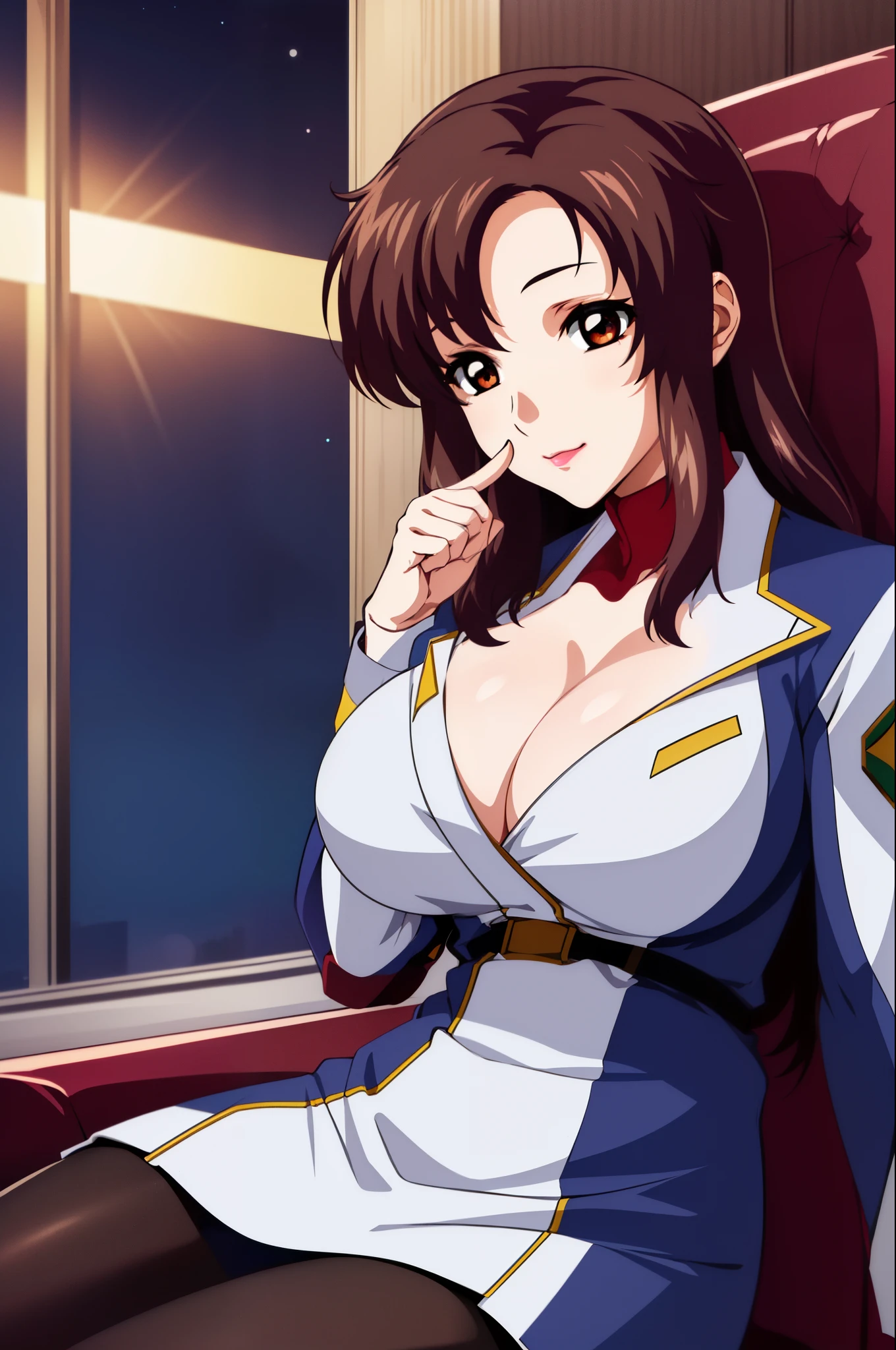 (Night:1.7),Space Battleship in Space,
Sitting on white_armchair,
Military uniform, Military,Jacket,Blue and white uniform,Skirt,
(Black_pantyhose:1.3), 
Bangs,brown_hair, long_hair,red Eyes,lip stick,makeup, 
1 girl,27yo,Female,Beautiful Finger,Beautiful long legs,Beautiful body,Beautiful Nose,Beautiful character design, perfect Eyes, perfect Face, Japanese,,
Looking at Viewer, (Innocent_Big_Eyes:1.0),enticing,embarrassed, Shy,lightsmile,
Official art,the Extremely Detailed CG Unity 8K Wallpapers, Perfect Lighting,Colorful, Bright_front_Face_light nastar piece:1.0),(best_quality:1.0), 超hight resolution,4K,Ultra-detailed,
Photography, 8K, nffsw, hight resolution, absurderes:1.2, Kodak Portra 400, Film grain, Blurry background, Bokeh:1.2, Lens Flare, (Vibrant_Color:1.2)
(Beautiful,Large_breasts:1.4), (Beautiful_Face:1.5),(narrow_waist),cleavage