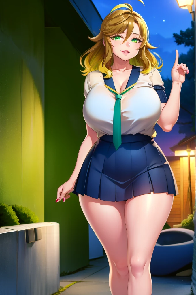 amicia michella - nijisanji, anime style, 1girl, detailed brown short hair, yellow inner hair, wavy thick hair, green eyes, thin lips, painted lips, shy smile face, wide hips, thick thighs, huge round ass, shiny oily breasts, white shirt, navy blue necktie, light blue pleated skirt, plaid pleated skirt, gyaru, full body, night, city, absurdres, high res, ultrasharp, 8K, masterpiece