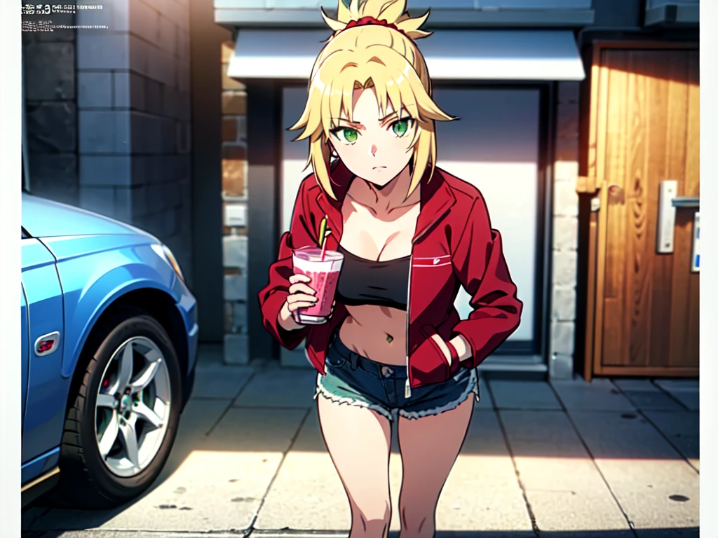 mordred, (green eyes:1.5), incomparable masterpiece, ultra 8k CG, perfect art, blonde hair, ponytail, high res, ultrasharp, 8K, ultra high resolution, beautiful detailed eyes, hyper-extreme details, best quality, perfect illustration, an extremely delicate and beautiful, extremely detailed, full body, CG, 8k wallpaper, amazing, finely detailed, official art, huge file size, ultra detailed, extremely detailed, beautiful detailed girl, extremely detailed eyes and face, short hair, scrunchie, red scrunchie, hair scrunchie, denim, denim shorts, jacket, midriff, navel, red jacket, short shorts, shorts, tube top, black line white top, strolling in the city, drinking smoothie