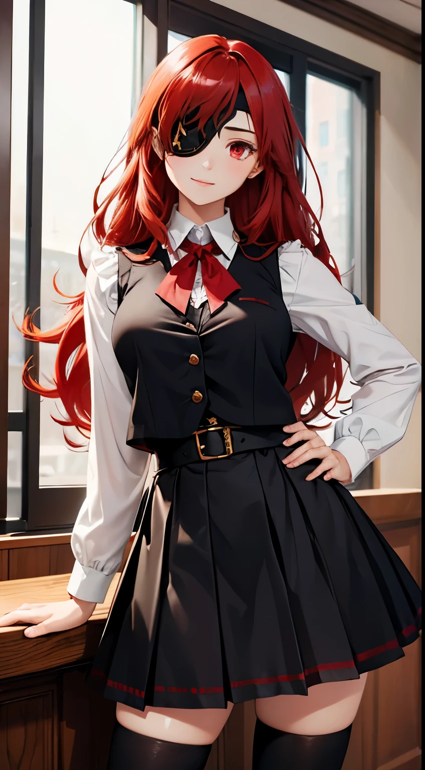 ((best quality)), ((masterpiece)), (detailed), perfect face, ((eyepatch:1.2)), (long hair:1.4), (red hair, red eyes:1.4), 1girl, solo, skirt, shirts, vest, legging, white shirts, Button-up shirts, black vest, smile, outdoors, black skirt, looking at viewer, black legging, rose pattern legging, long sleeves, bangs, ribbon, frilled skirt, frills, plaid, bow, Star shape eyepatch, gold eyepatch, standing, red ribbon, wide sleeves, hand on waist, medium breasts, cafe, inside bosco cafe, cowboy shot, elegance