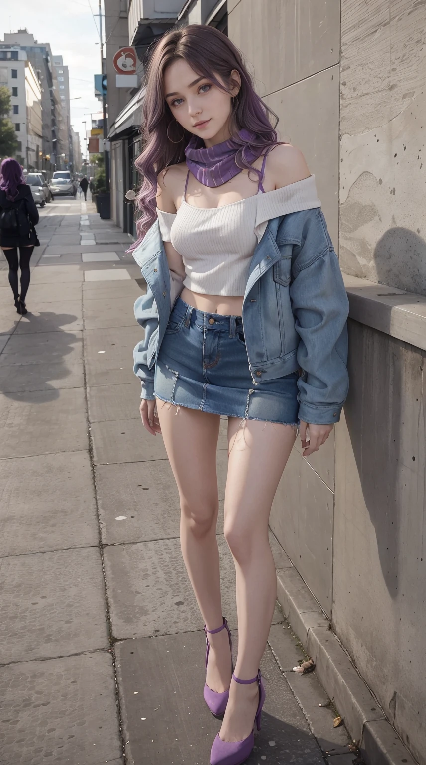 24-year-old Caucasian woman、Hair color is a gradation of brunette and purple、Hair is wavy、Eye color is blue、Longhaire、A slender、a smile、wearing off-the-shoulder tops、I'm wearing a miniskirt、Wearing a jacket、I'm wearing pin heels、I&#39;m in front of an old concrete wall、wearing a colorful scarf around his neck