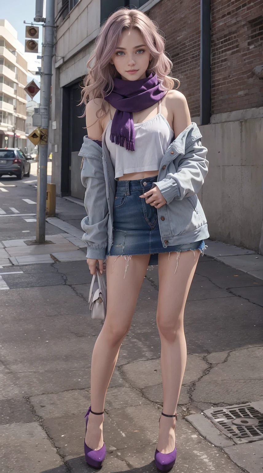 24-year-old Caucasian woman、Hair color is a gradation of brunette and purple、Hair is wavy、Eye color is blue、Longhaire、A slender、a smile、wearing off-the-shoulder tops、I'm wearing a miniskirt、Wearing a jacket、I'm wearing pin heels、I'm in front of an old concrete wall、wearing a colorful scarf around his neck