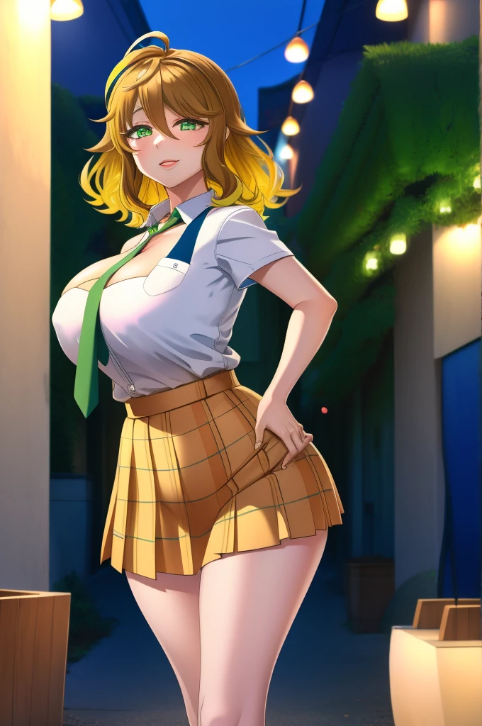 amicia michella - nijisanji, anime style, 1girl, detailed brown short hair, yellow inner hair, wavy thick hair, green eyes, thin lips, painted lips, shy smile face, wide hips, thick thighs, huge round ass, shiny oily breasts, white shirt, navy blue necktie, light blue pleated skirt, plaid pleated skirt, gyaru, full body, night, city, absurdres, high res, ultrasharp, 8K, masterpiece