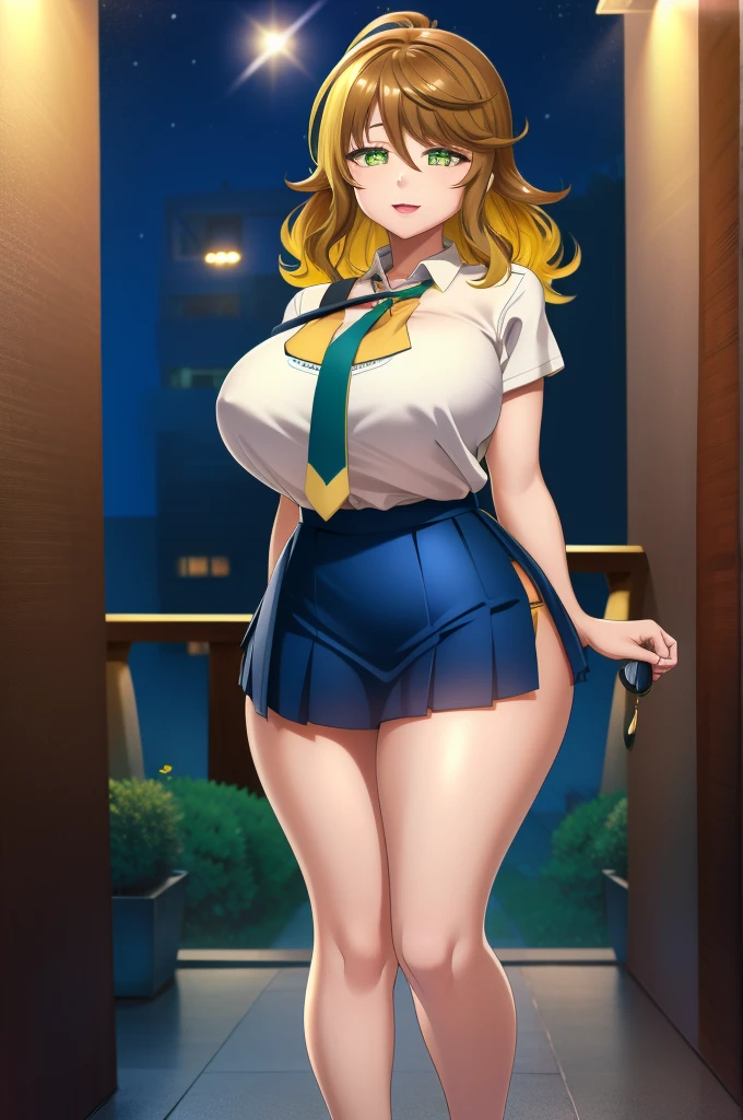 amicia michella - nijisanji, anime style, 1girl, detailed brown short hair, yellow inner hair, wavy thick hair, green eyes, thin lips, painted lips, shy smile face, wide hips, thick thighs, huge round , shiny oily brehite shirt, navy blue necktie, light blue pleated skirt, plaid pleated skirt, gyaru, full body, night, city, absurdres, high res, ultrasharp, 8K, masterpiece
