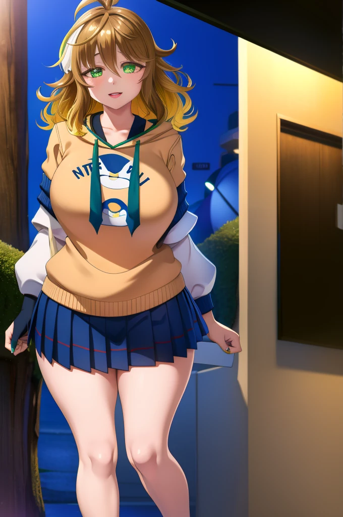 amicia michella - nijisanji, anime style, 1girl, detailed brown short hair, yellow inner hair, wavy thick hair, green eyes, thin lips, painted lips, shy smile face, wide hips, thick thighs, huge round ass, shiny oily breasts, white shirt, navy blue necktie, light blue pleated skirt, plaid pleated skirt, gyaru, full body, night, city, absurdres, high res, ultrasharp, 8K, masterpiece