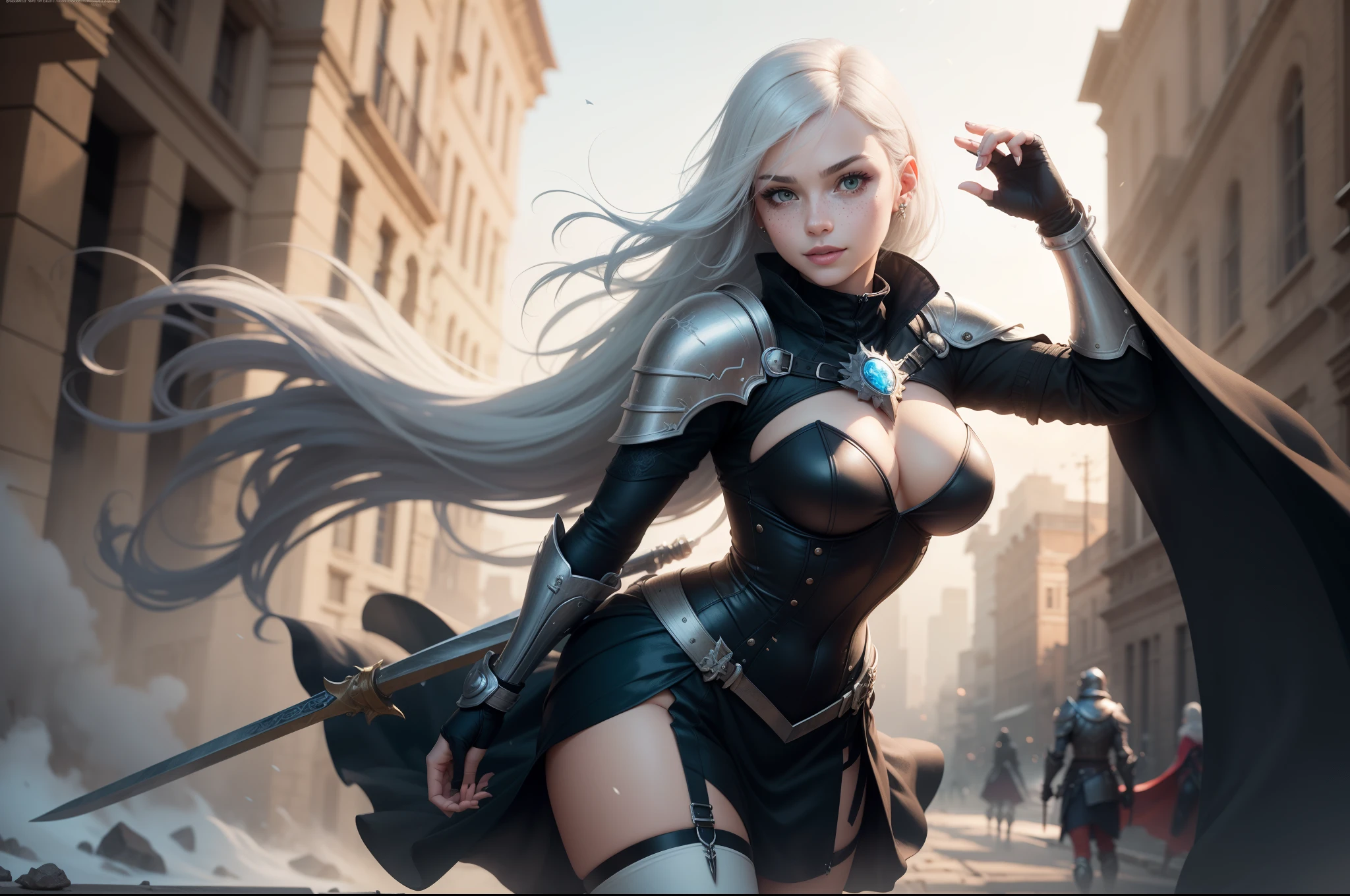 gwen tennyson,1girl,yorha 2b,riven,tracer, overwatch,atelier ryza,close up,battlefield view,tattoos,royal black and white plugsuit,white short sleeve knight top,black knight full steel armor,tight knight skirt,white knight corset,steel leggings,long hair,princess makeup,green eyes,multicolored silver hair,long dress train,shy smile,freckles,beautiful girl, knight thigh high boots,large breasts,8k,ultra detailed,realistic,fantasy art,silver knight uniform,queen gown dress,hair pin,ear piercings,snowflake hand and neck jewelry,(weather:windy),long black knight cape,holding a sword on each hand,(pose:ready to attack),