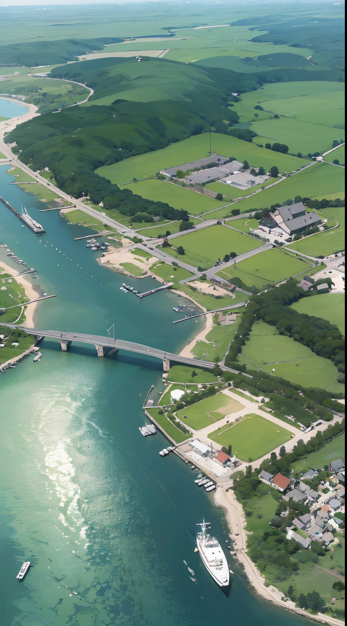 arafed view of a bridge over a body of water with boats, boats in the water, seen from above, overhead shot, shot from above, view from above on seascape, by Sebastian Spreng, shot from a drone, perspective shot from the sky, drone photography, top - down photograph, viewed from above, 4k drone photography, overhead view
