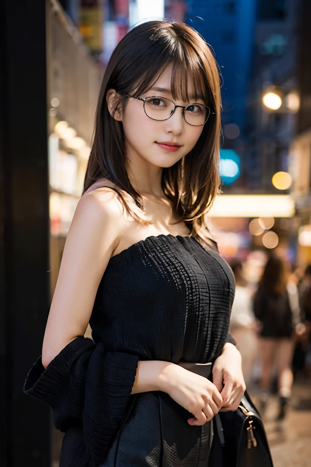 (8K、Raw photography、top-quality、masterpiece:1.2)、(realisitic、Photorealsitic:1.37)、ultra-detailliert、超A high resolution、1人、see the beholder、beautifull detailed face、A smile、Constriction、(Slim waist) :1.3)、Off-shoulder, beautiful detailed skin、Skin Texture、Floating hair、Braided hair、Professional Lighting、Downtown at night、((Black square glasses )) 、Whole human body、Brown hair