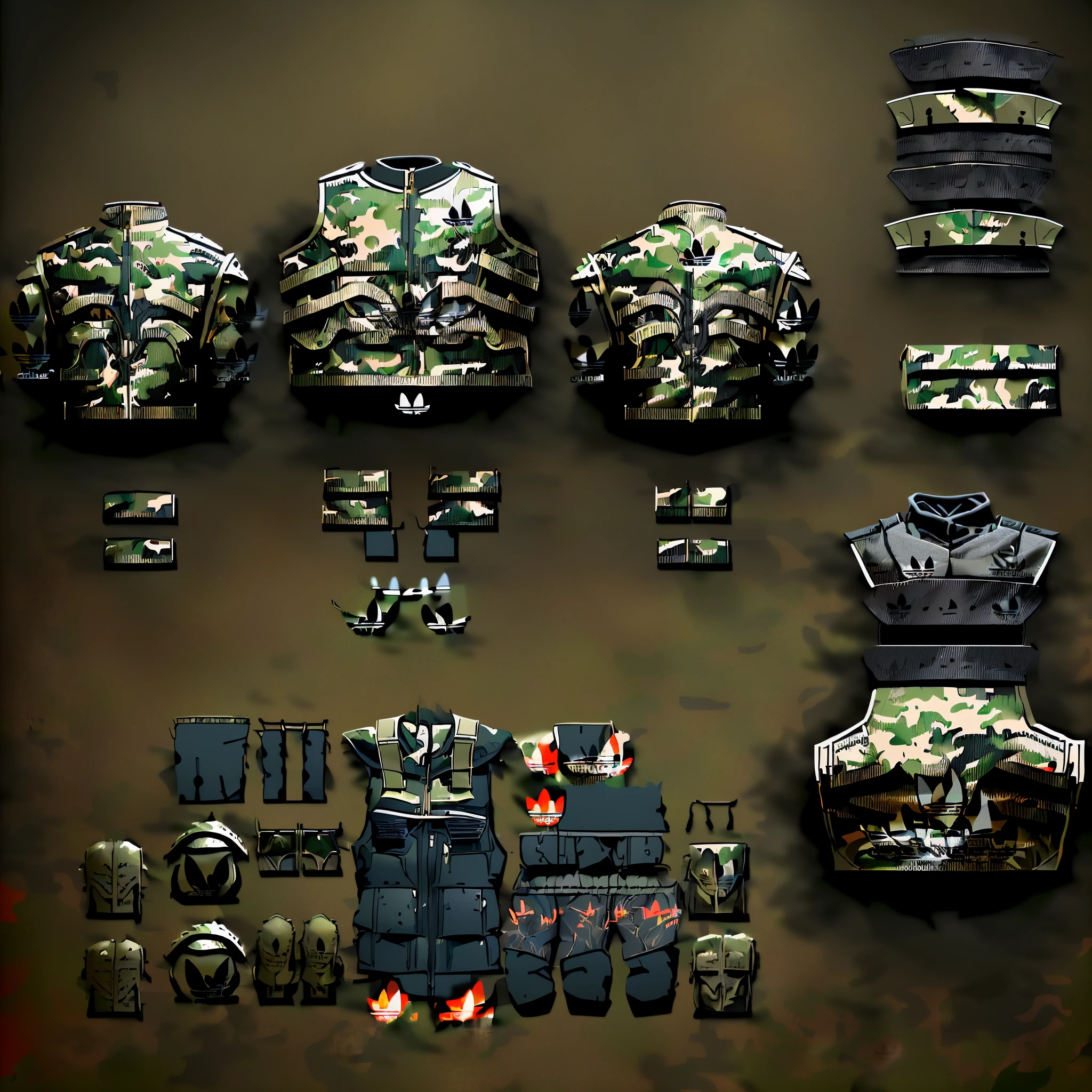 ((vector art styled clothing)), ((crisp design)), ((deblurred)), ((military styling)), ((camo)), ((holsterelts, ((straps)), ((ADIDAS CLOTHING STYLING)), ((RED AND BLACK AESTHETIC), FLAMES, clothing and accessories, highly detailed panel cuts, detailed woodcut armor, highly detailed clothing, clothes high detail, highly detailed armor, armor elements, complete detailed body, stylised military clothes, very detailed and rich clothing, full plate armor with cloth, combat mech clothes, detailed space suit