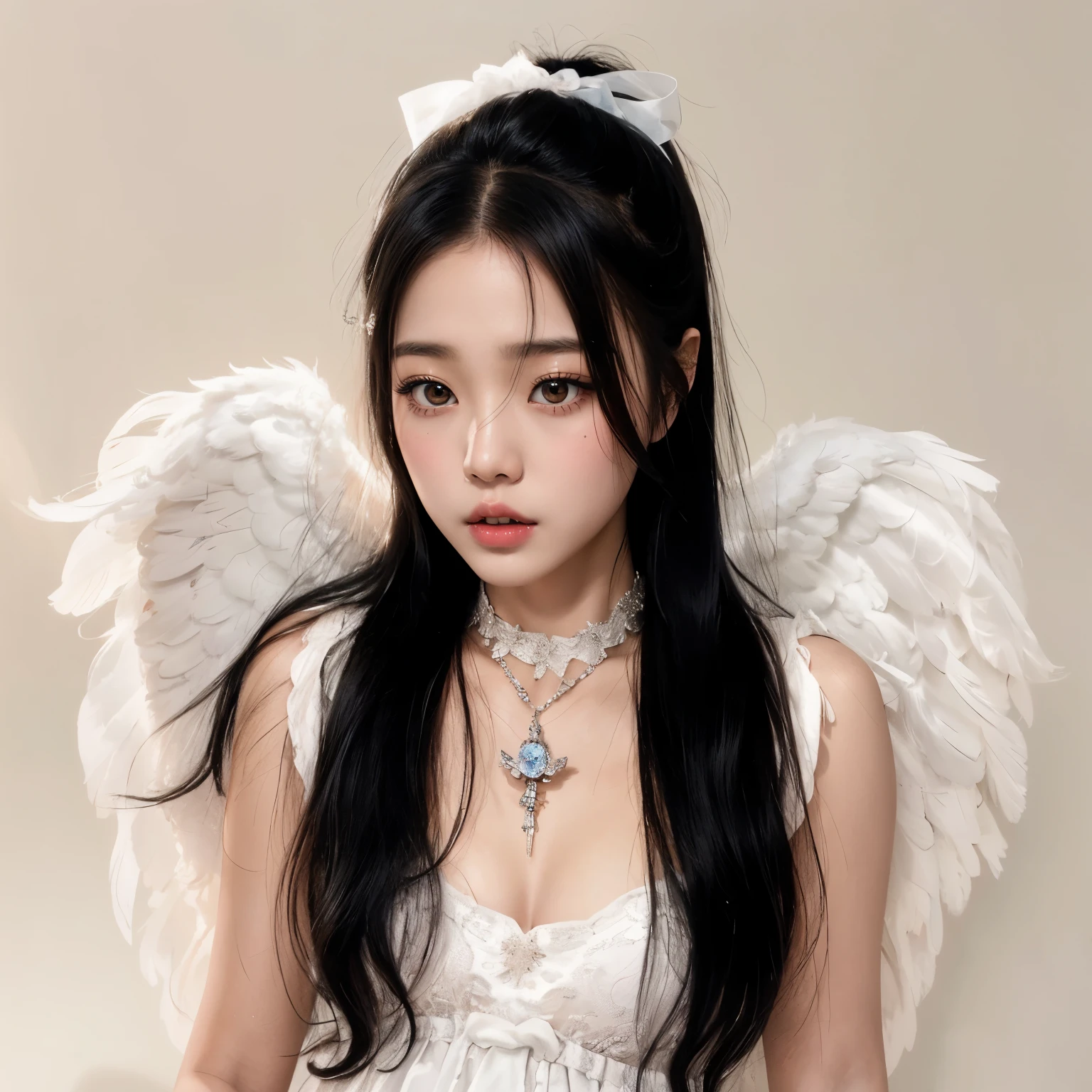 Arafed woman with angel wings and a white dress., wearing angel, wearing angel halo, young wan angel, cruel korean goth girl, Taejune Kim, of an beautiful angel girl, angel girl, angelical, ulzzang, possibly an angel, Wenfei Ye, Bass Angel, Parece una mezcla de grimes, Billie Eilish