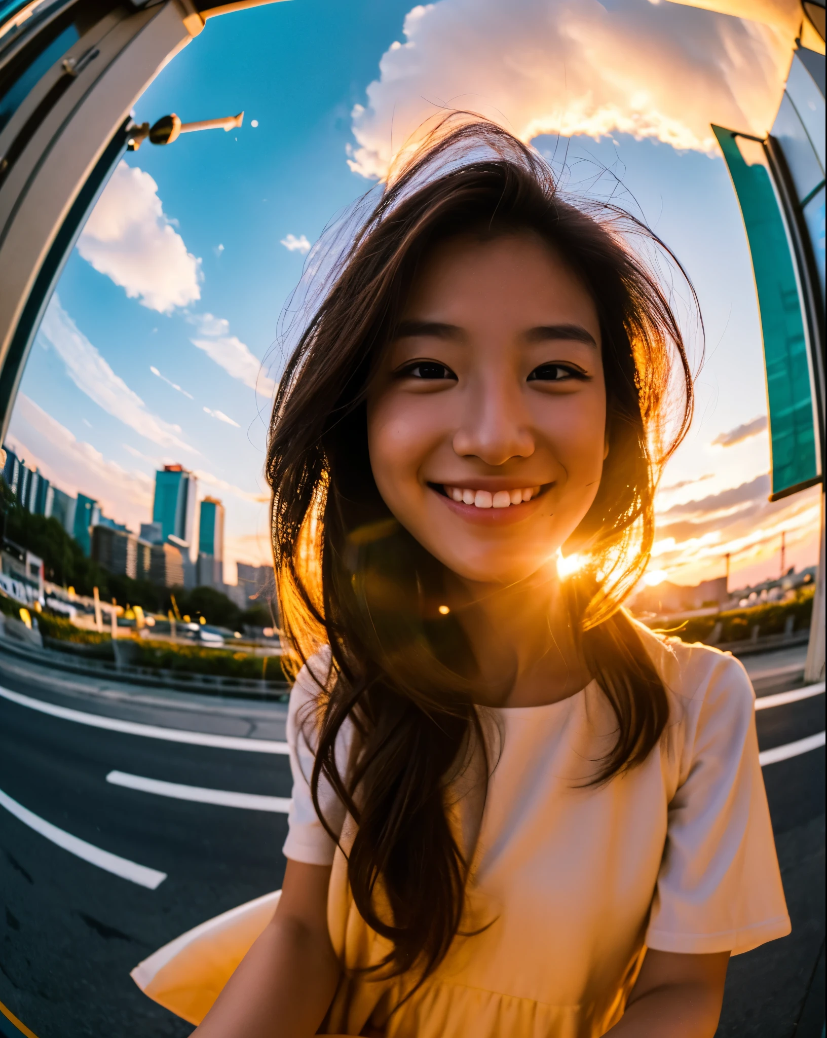 1girl in, ((fish-eye lens)), Selfie, Wind, hair messy, Sunset, Detailed cityscape, (Aesthetics and atmosphere:1.2),Beautiful woman smiling、8K、An ultra-high picture quality、japanes、1 woman around 20 years old、Beautie、kawaii faces、目鼻立ちの整ったBeautie、Smiling、Showing teeth and smiling、
