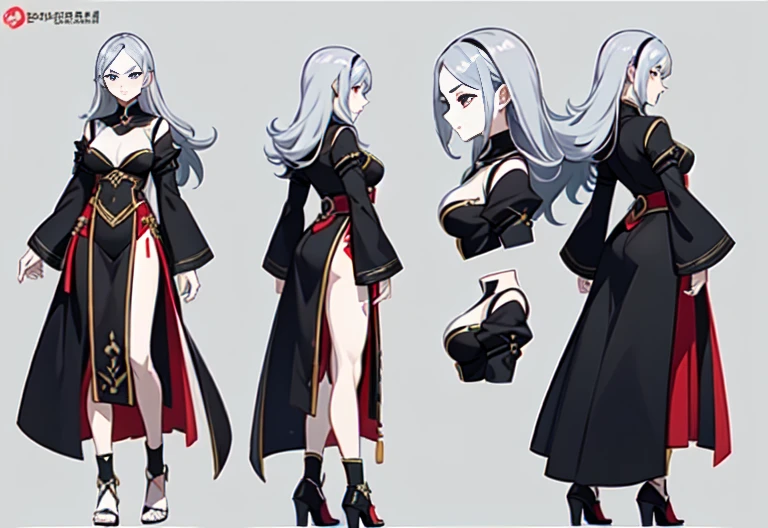 1woman, single, asian woman, reference sheet, character design, front angle, side angle, rear angle, dynamic poses, tall woman, (masterpiece:1.2), (best quality:1.3), pirate outfit, slender body, athletic body. (Black eyes), (long hair), (long bangs), (silver hair), (pale skin), (reference sheet:1.5)