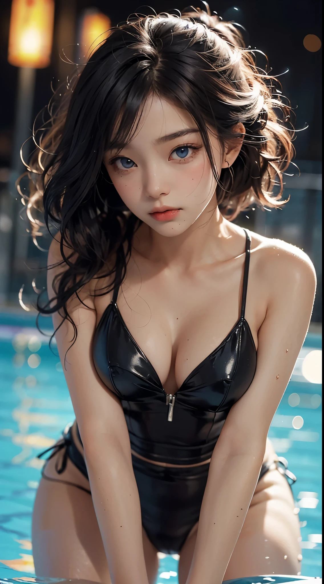 An ultra-high picture quality、(((From below:1.6)))japanes、1 woman around 20 years old、Black hair、short-cut、Beautiful face with blue eyes、A detailed face、Detailed eyes、realisticeyes、Detailed skin、realskin、Detailed hair strands、dishevled hair、disheveled hair、Slim body、Beautiful body、styles、((Hotel poolside at night))、((Sit on both knees))、Put your face on your lap、((tilted my head to the side))、((Sad look))、Sexy swimming costume、((Night Pool))