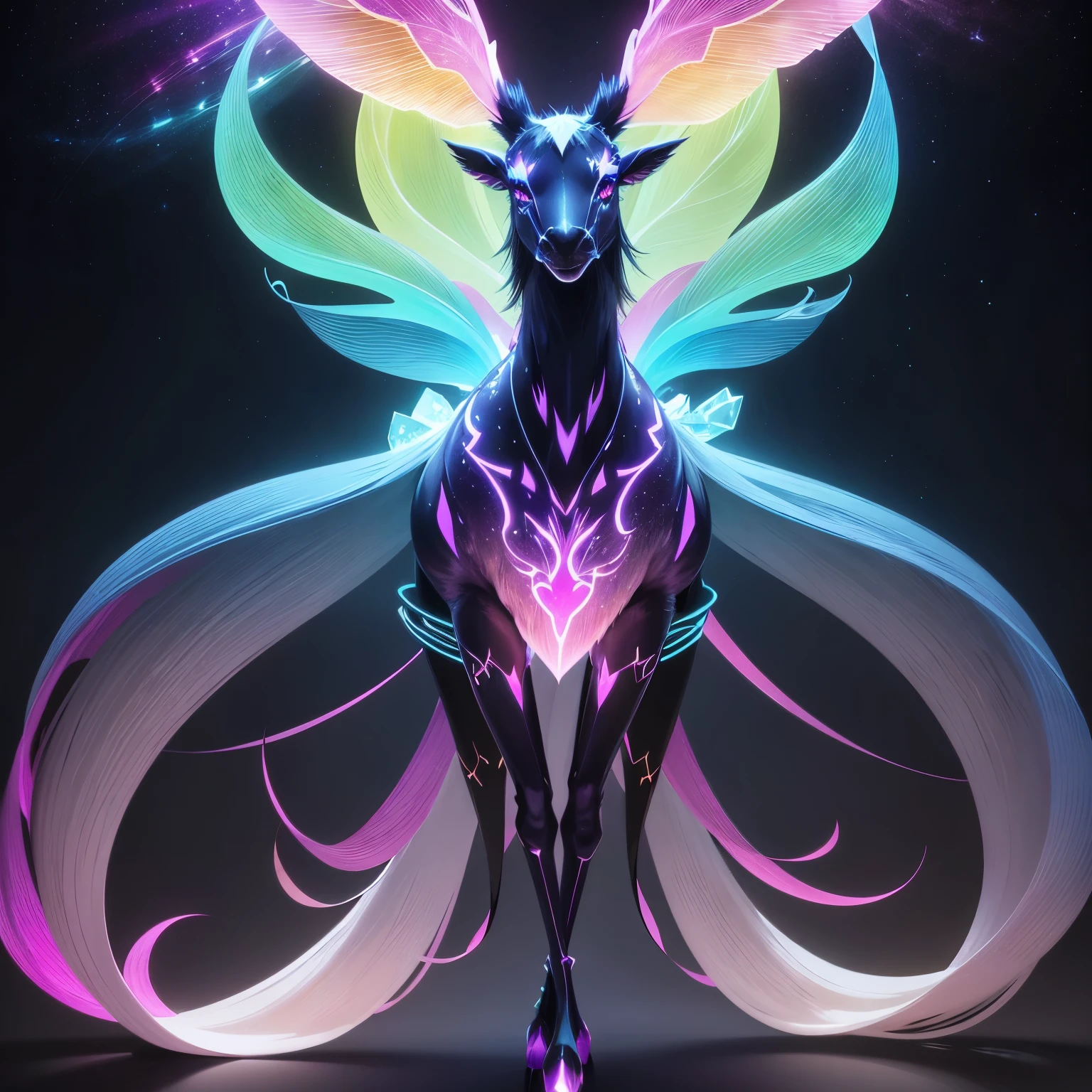 Generate images of quadrupeds, "Luminara", The slender legs end in faceted crystal hooves, Body covered in color-changing bioluminescent fur, A cluster of glowing orbs of different colors hover above its body as sensory organs, A pair of ethereal wings made of pure light grew from behind..