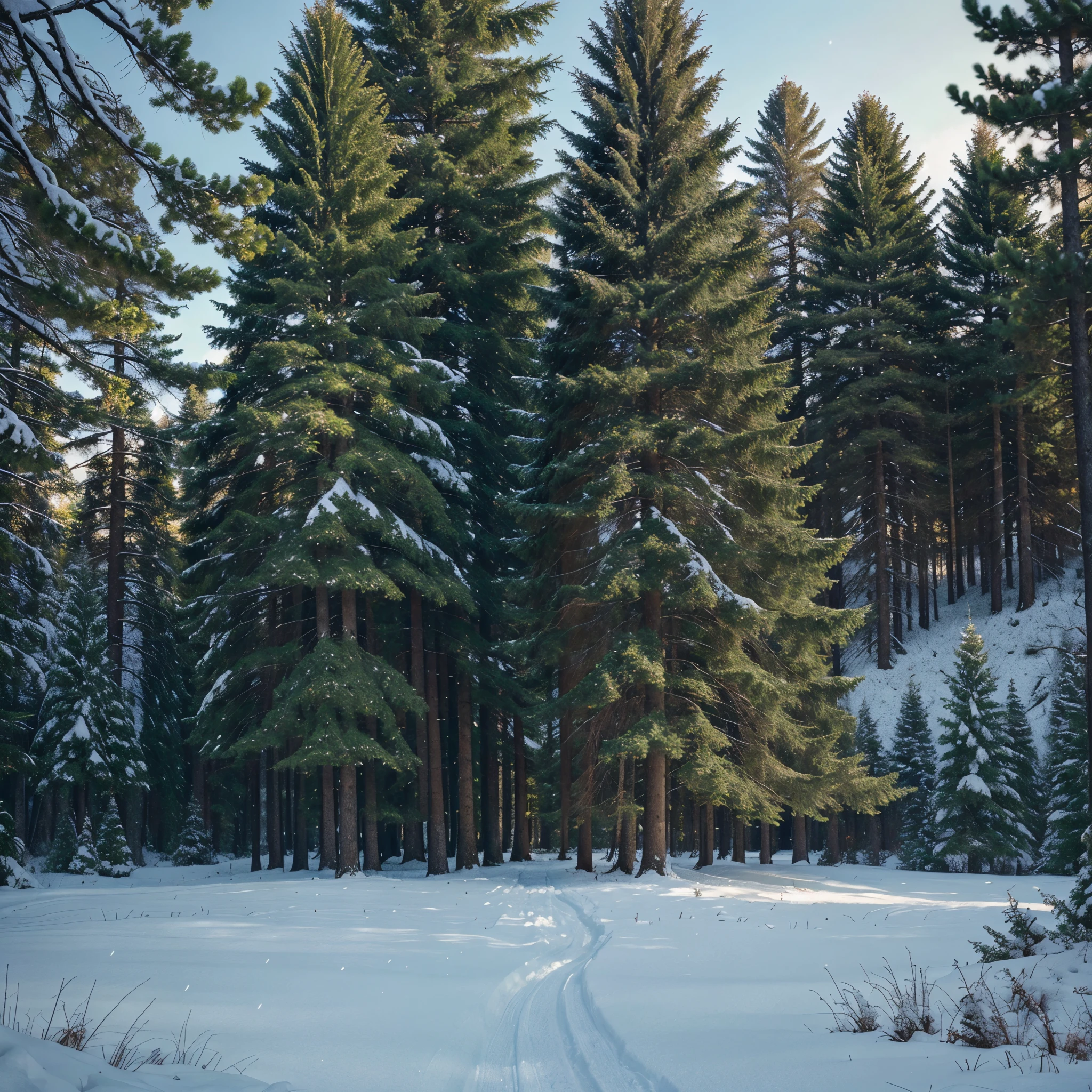 Evergreen trees: Towering and resilient amidst the wintry landscape, these majestic conifers bring a burst of vivid green that stands out vividly against the blanket of snow. In this evocative painting, the artist masterfully depicts the contrasting colors, capturing the vibrant essence of the trees in exquisite detail. The viewer is enchanted by the impeccable brushstrokes that showcase the trees' lush foliage, seamlessly blending shades of deep emerald and rich jade. The image evokes a sense of awe, transporting the audience to a serene winter scene where these evergreens reign supreme, their enduring beauty offsetting the harshness of the season.