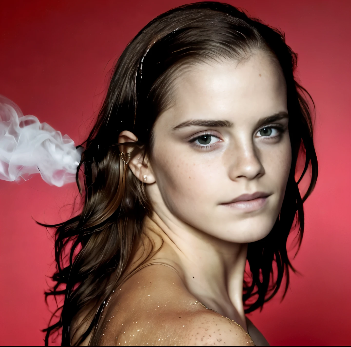 Photo of Emma Watson hot face , wet hair , slight smile, freckles face, she is smoking, seductive expression, sexy , hot, hot face, warm skin tone,gorgeous face , sexy feminine face, hottest woman (hyper photorealistic, insanely detailed skin texture)