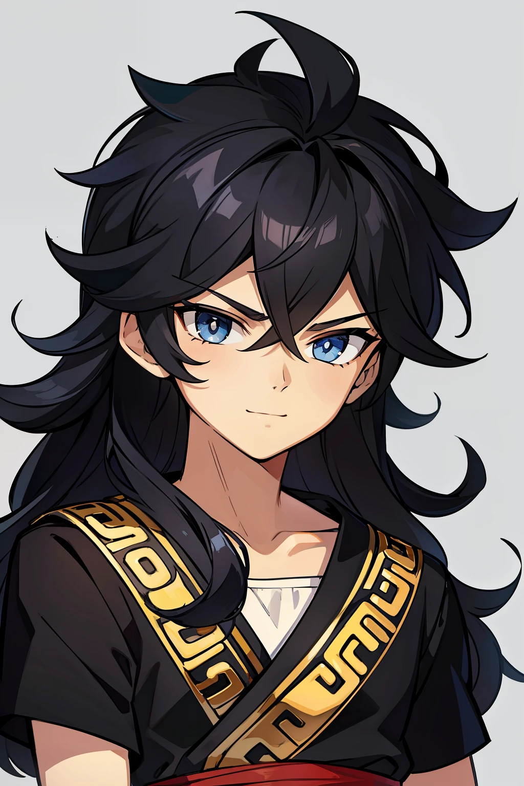 (high-quality, breathtaking),(expressive eyes, perfect face) portrait, 1boy, male, solo, , black hair, blue coloured eyes, stylised hair, gentle smile, medium length hair, loose hair, side bangs, curley hair, really spiky hair, spiked up hair, looking at viewer, portrait, ancient greek clothes, black long sleeved tunic gold trim around collar edges and down middle, greek, red and gold sash, simple background, laurel accessory, slightly narrow eyes, masculine face, masculine eyes, baby face, smallppy expression