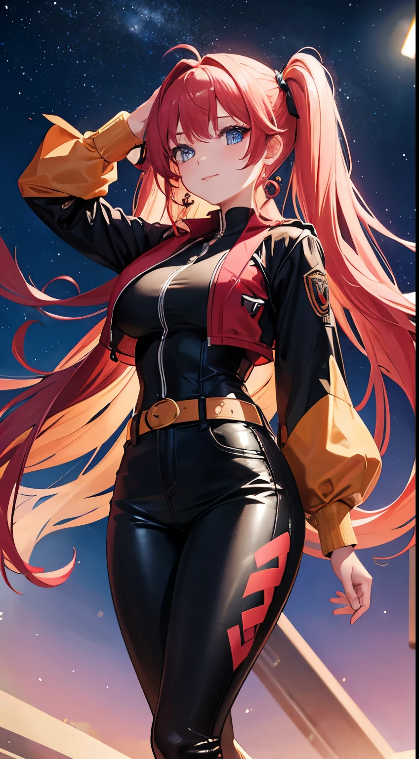 saturated red hair, Princess Hair, very long twintails, large full breasts, Glossy skin,  Pink lips, Peach-colored cheeks, Blue eyes, Golden earrings, Shining starry sky, Rin々Shishi Face, hand-held weapons, cyberpunked, I can see my stomach, Long jacket, tight skirt and shirt, a belt, Facing up