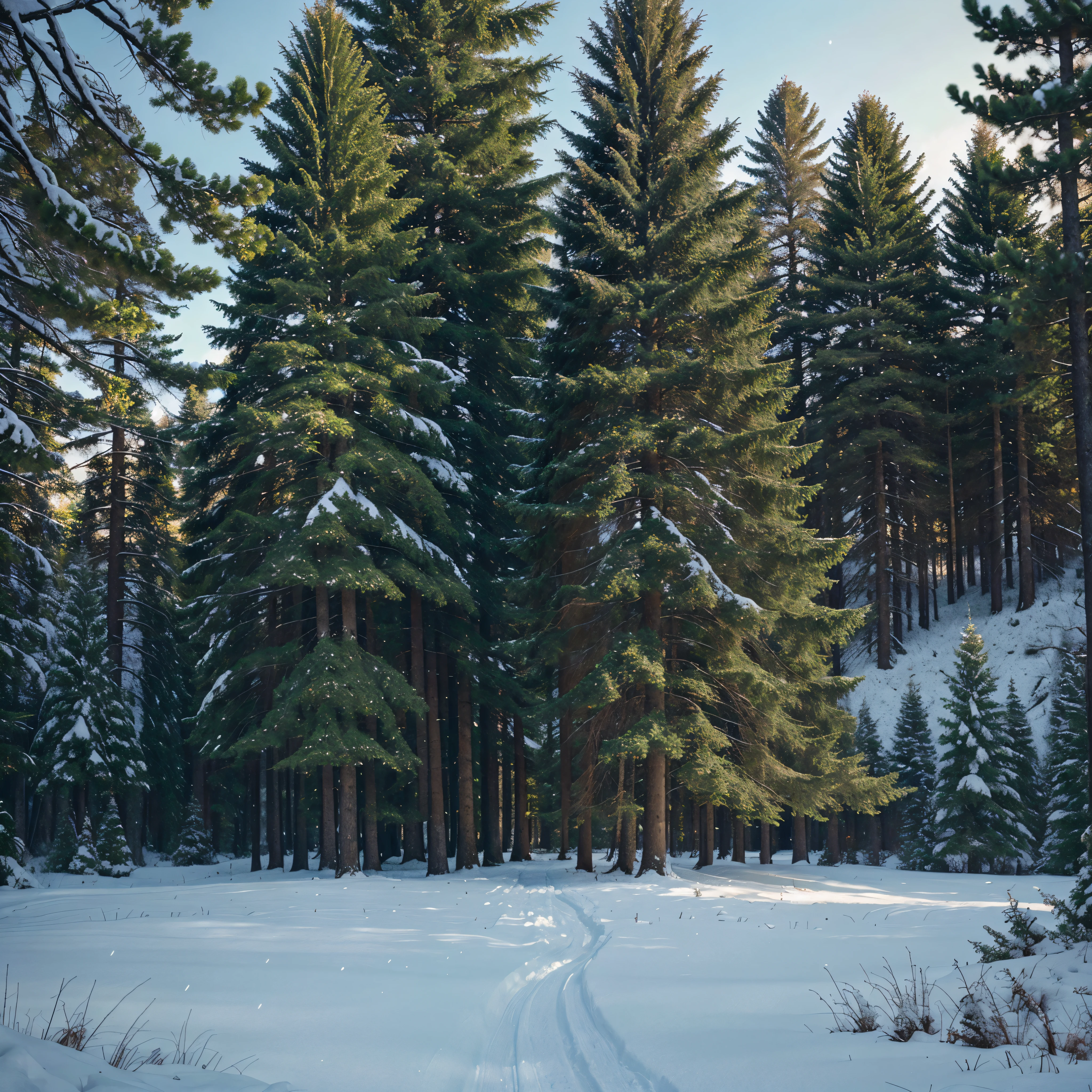 Lush trees: Towering and resilient in the cold landscape, These elegant pine trees create a bright green color that stands out against the snow.. In this exciting painting, The artist skillfully conveys contrasting colors., Conveying the lively essence of a tree with exquisite details.. Viewers are mesmerized by the flawless brushstrokes that reveal the lush foliage of the trees., A perfect blend of shades of deep emerald and rich jade.. That picture brings back memories of awe., transporting viewers to a tranquil winter scene where these evergreens reign supreme., Their enduring beauty compensates for the harshness of the season..