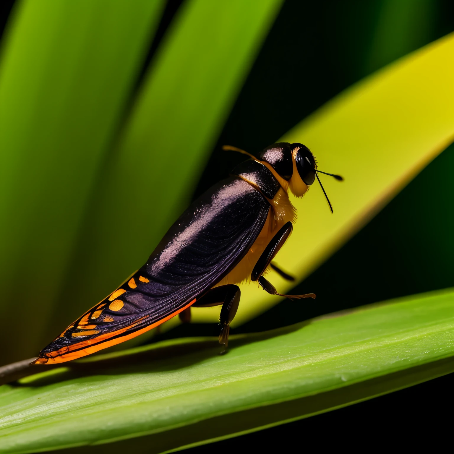 A flashing butt, super high quality, a firefly perched on a bamboo leaf