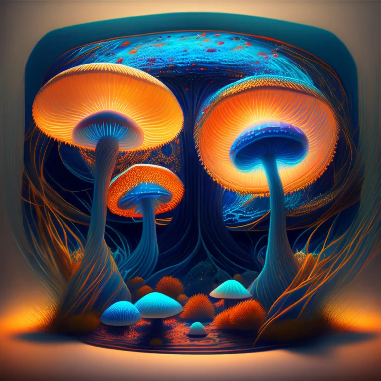 Bioluminescent Mushroom/Glowing mushrooms/luminous mushroom l, monet, blue, orange, grey,(best quality,4k,8k,highres,masterpiece:1.2),ultra-detailed,(realistic,photorealistic,photo-realistic:1.37),HDR,UHD,studio lighting,ultra-fine painting,sharp focus,physically-based rendering,extreme detail description,professional,vivid colors,bokeh,monet,blue,orange,grey,portraits,landscape attention：Original art by Tupu.