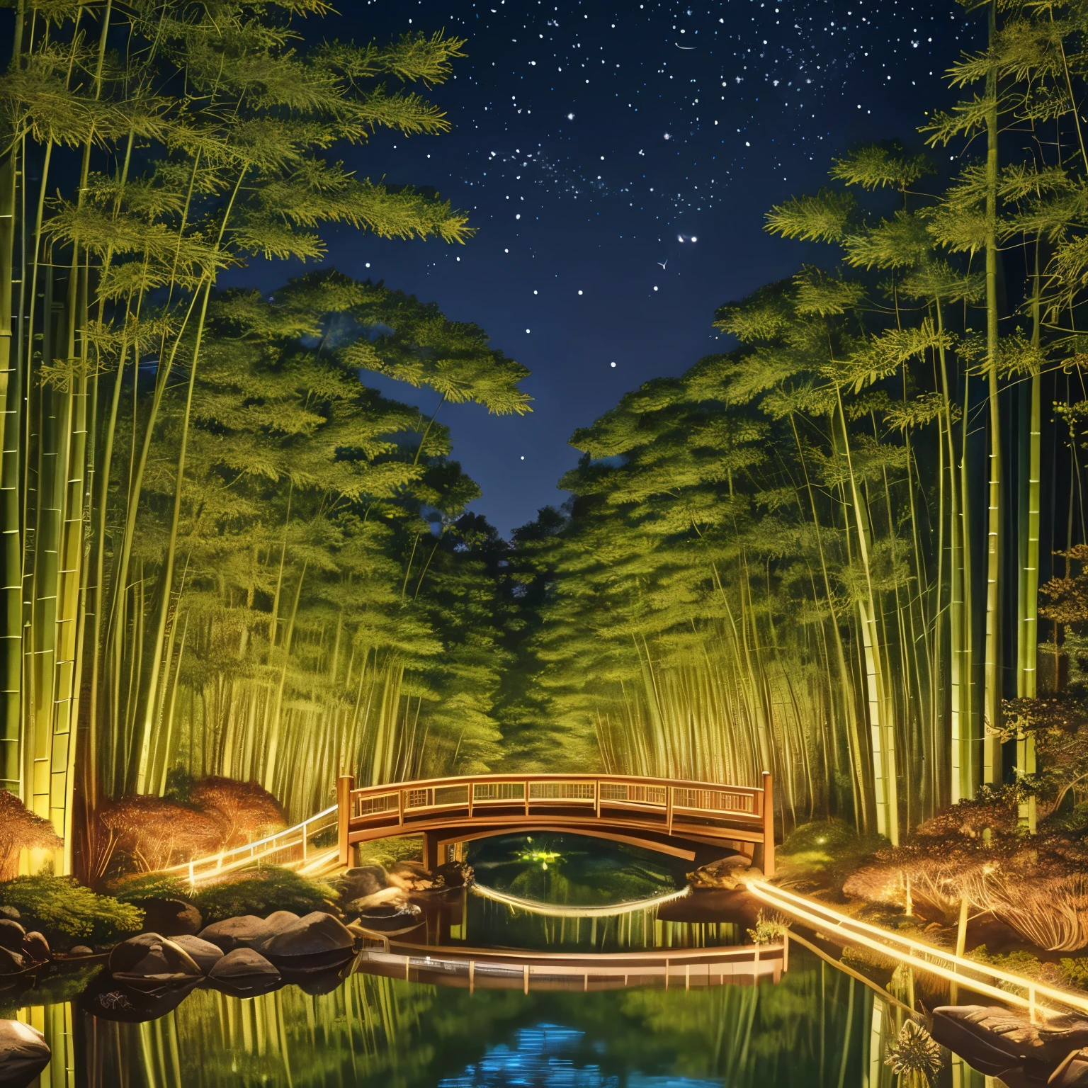 Insects, The butt of a firefly flashing with light, finest image, 8k, RAW photo, realistic, detailed, delicate, flashy and dynamic depiction, a summer night, a beautiful clear stream, a bamboo forest, the moon, and a starry sky, Japanese style drawing, ukiyo-e style, art