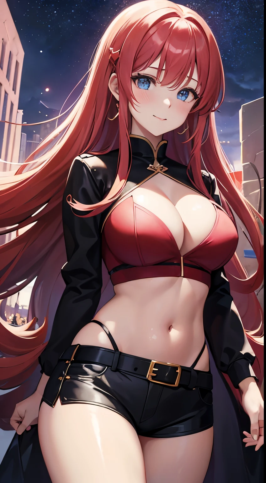 saturated red hair, Princess Hair, very long twintails, large full breasts, Glossy skin, Pink lips, Peach-colored cheeks, Blue eyes, Golden earrings, Shining starry sky, Rin々Shishi Face, A slight smil, arm, Black jacket, white shirt inside jacket, Navel is visible, I can see my stomach, Black tight pants, thick belt to decorate pants, Facing up