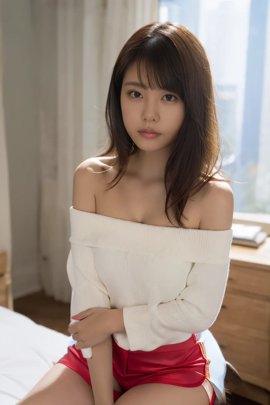 (Highly detailed 8k wallpaper), sharp focus, detailed, dramatic, delicate and beautiful young girl, (slim face, Slim Waist, Slim legs), (perky uplifted breasts:1.2), cleavage, blunt bangs, (wearing off-shoulder shirt and mini hot shorts:1.5), (downblouse:1.2), Half Butterfly Earrings、silver necklace with opal, jewelry, (pouting her lips,:1.5), (oozing seduction:1.5), brushing, graphics beautiful, in high-rise building, Modern office with a city skyline view, Full Glass Wide Window, laying in gorgeous bed by window, 3/4 body shot,