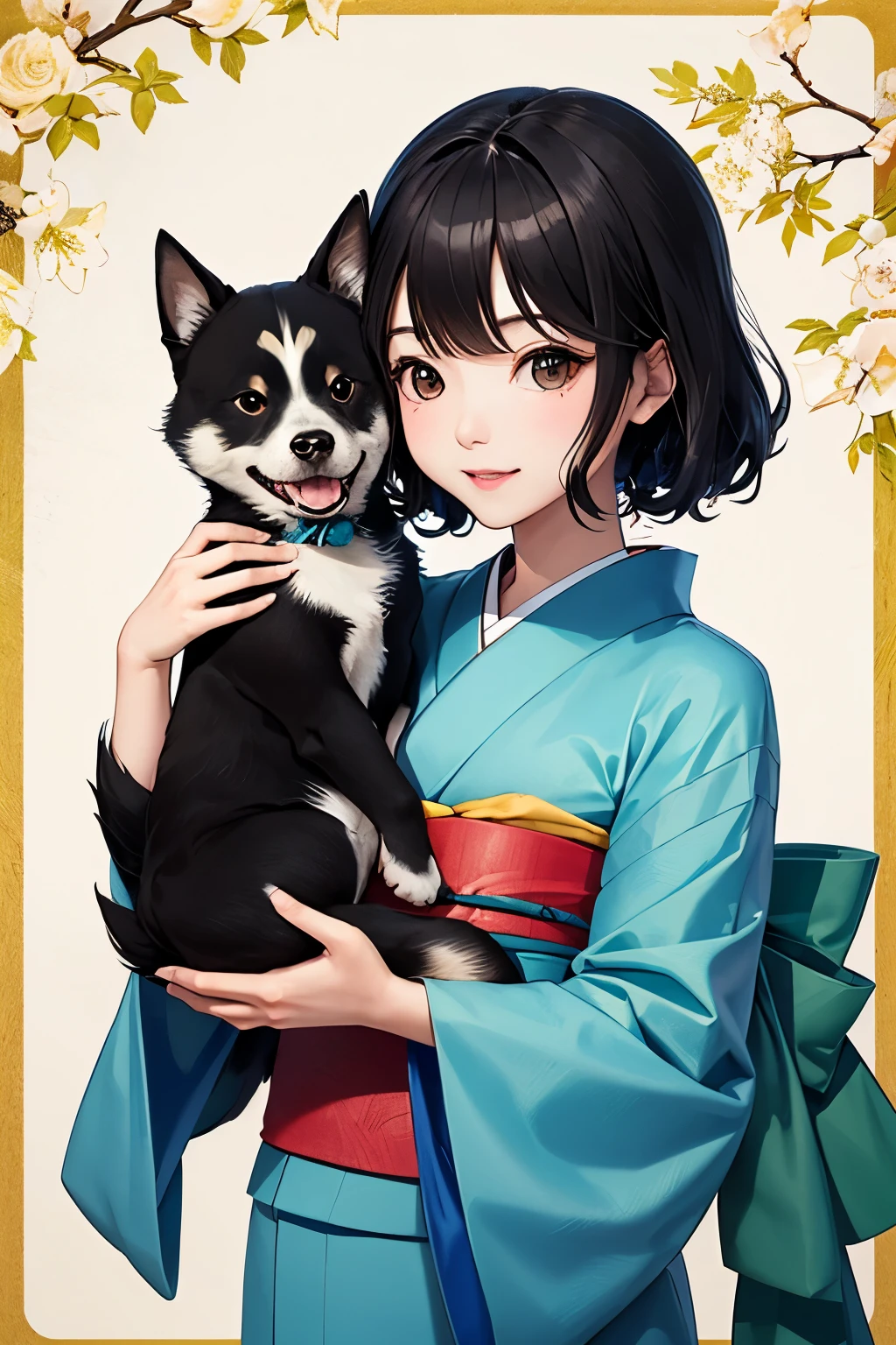 Shiba dog(pup、A black、Round eyes、Kimono)
Background with(Green and blue)