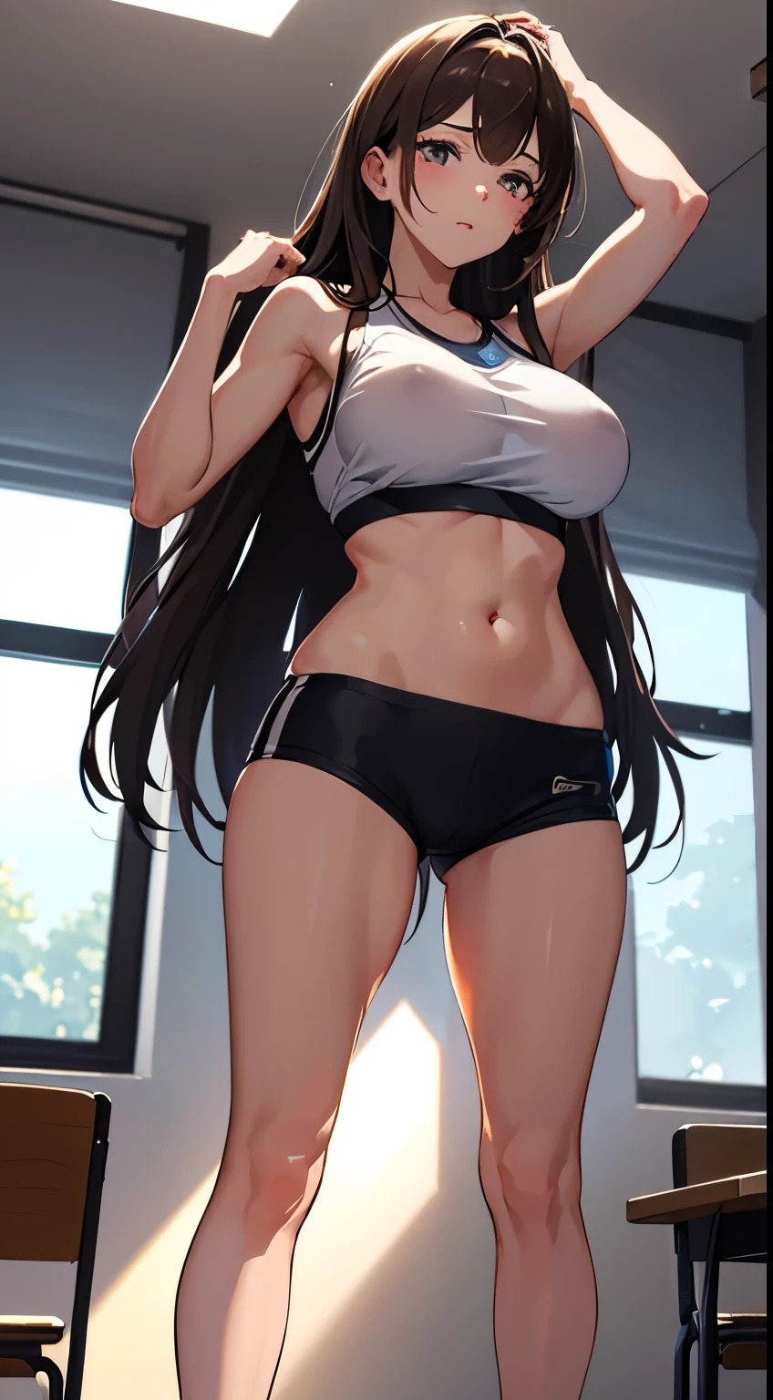 ((masterpiece)), ((best quality)), (ultra-detailed), ((extremely detailed)), 4K, (8K), best quality, (beautiful), anime style, upper body, look up from below, full body focus, in the classroom, a cute girl, 1girl, solo, gym shorts, beautiful light brown hair, ((beautiful eyes)), long hair, buttocks, large breast, ashamed, sparkling effect, lens flare, shiny-glistening, gleaming