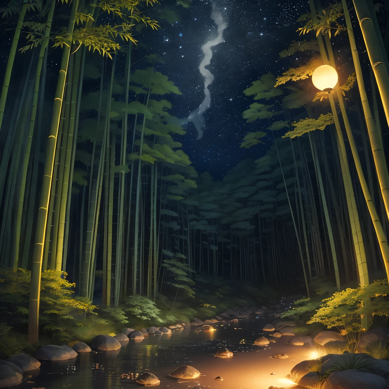 Insects, The butt of a firefly flashing with light, finest image, 8k, RAW photo, realistic, detailed, delicate, flashy and dynamic depiction, a summer night, a beautiful clear stream, a bamboo forest, the moon, and a starry sky, Japanese style drawing, ukiyo-e style, art