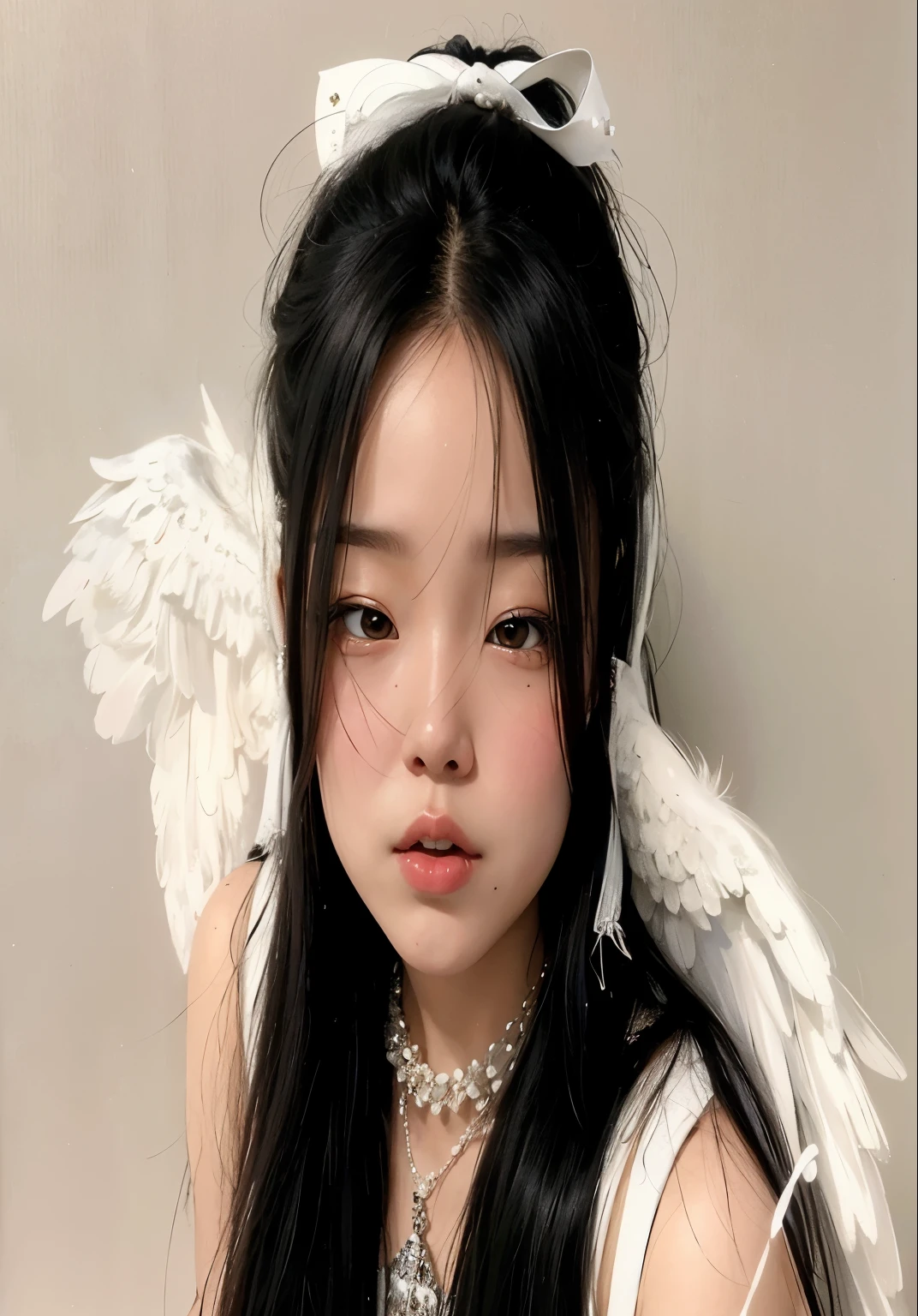 Arafed girl in a white dress and angel wings on her head., young wan angel, Blackpink Jennie, Jinyoung Shin, Taejune Kim, Gongbi, wearing angel halo, ulzzang, Jaeyeon Nam, Heonhwa Choe, Jossi de Blackpink, wearing angel, portrait of Jossi de Blackpink, of an beautiful angel girl