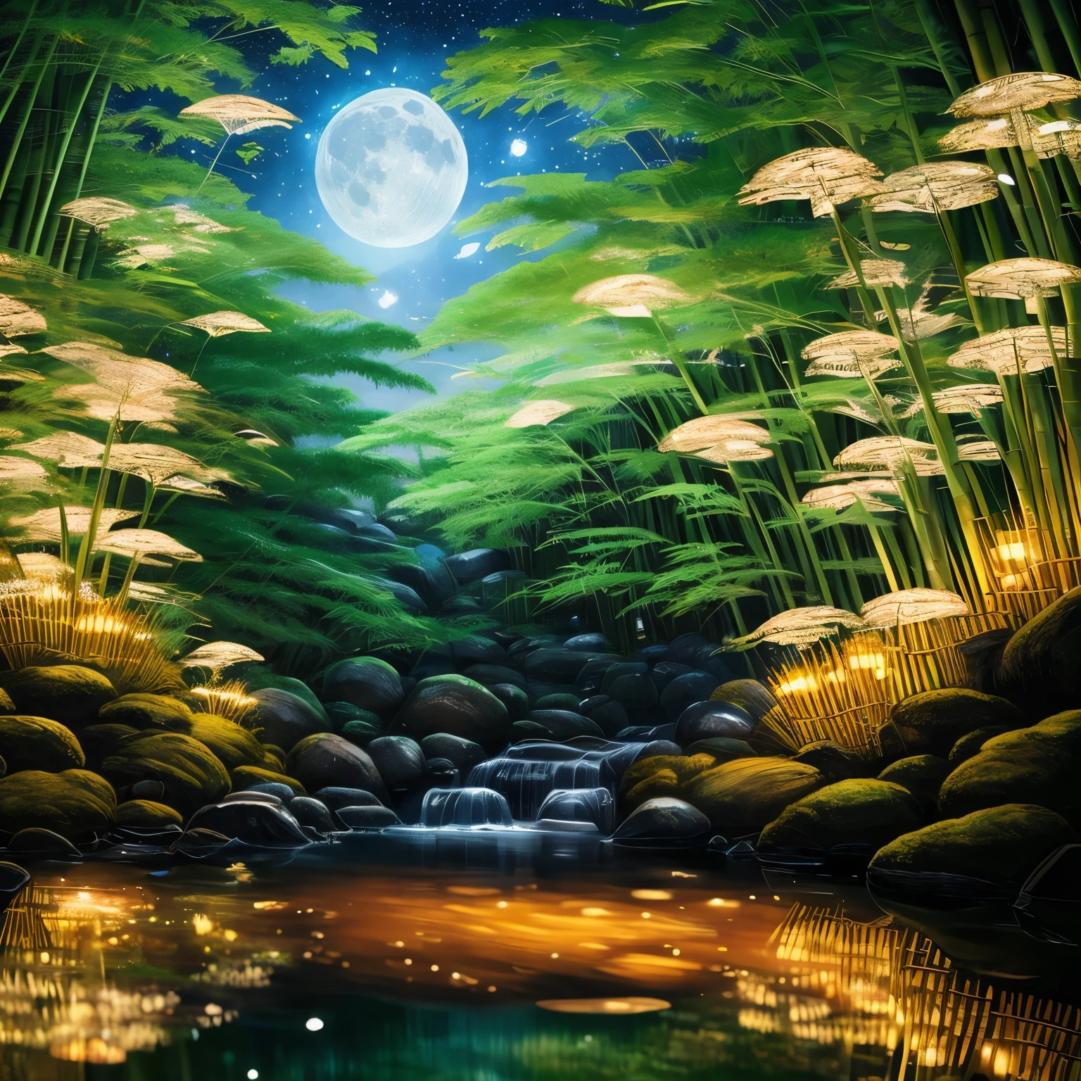 Insects, The butt of a firefly flashing with light, finest image, 8k, RAW photo, realistic, detailed, delicate, flashy and dynamic depiction, a summer night, a beautiful clear stream, a bamboo forest, the moon, and a starry sky, Japanese style drawing, ukiyo-e style, art