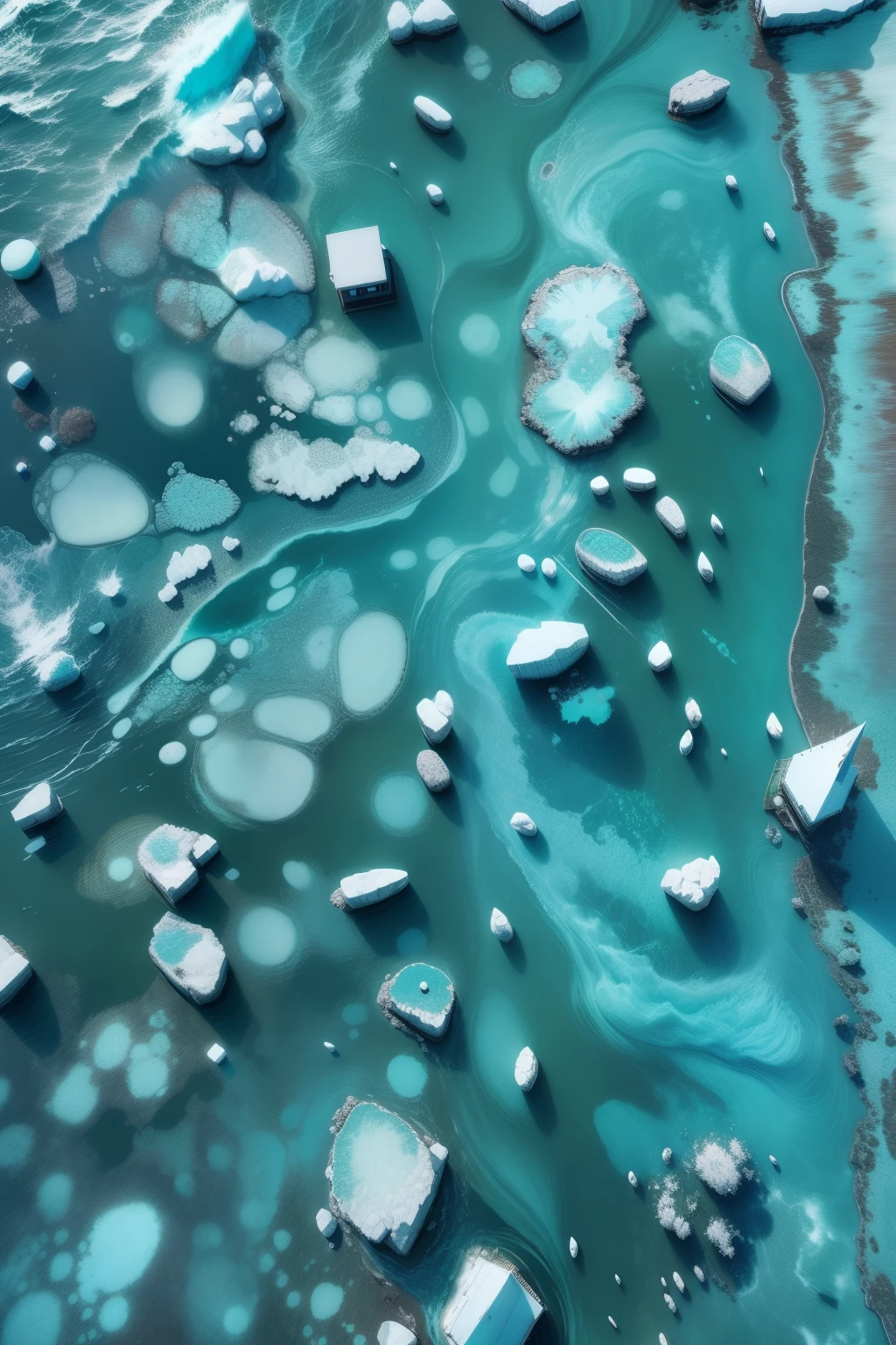 down view, evacuate , Turquoise sea, Yuki, There is scum on the water surface, hyper HD, retinas, tmasterpiece, acurate, high detal, high qulity, A high resolution