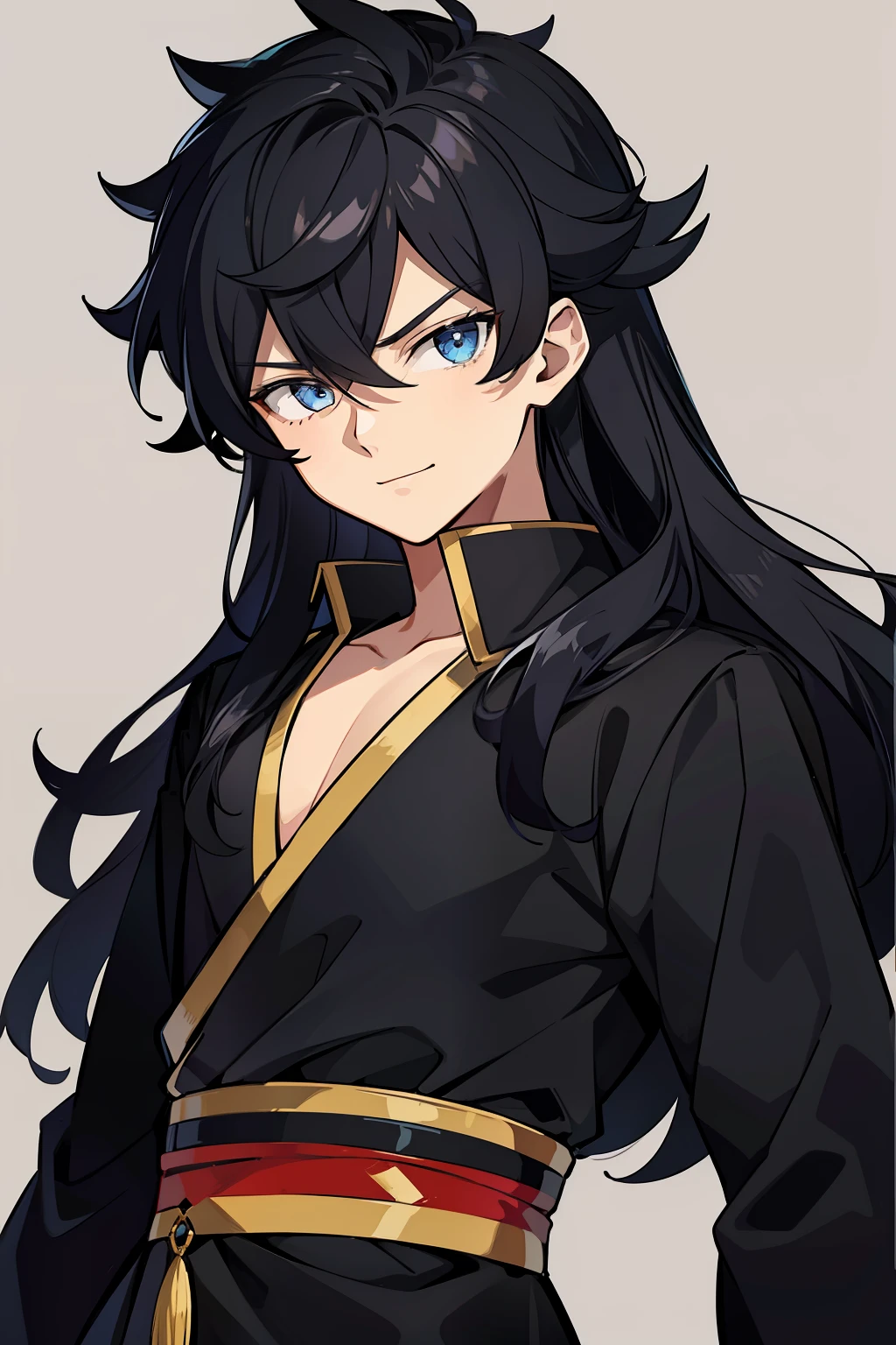 (high-quality, breathtaking),(expressive eyes, perfect face) portrait, 1boy, male, solo, , black hair, blue coloured eyes, stylised hair, gentle smile, long length hair, loose hair, side bangs, curley hair, really spiky hair, spiked up hair, looking at viewer, portrait, ancient greek clothes, black long sleeved tunic gold trim around collar edges and down middle, greek, red and gold sash, simple background, laurel accessory, slightly narrow eyes, masculine face, masculine eyes, baby face, smallppy expression