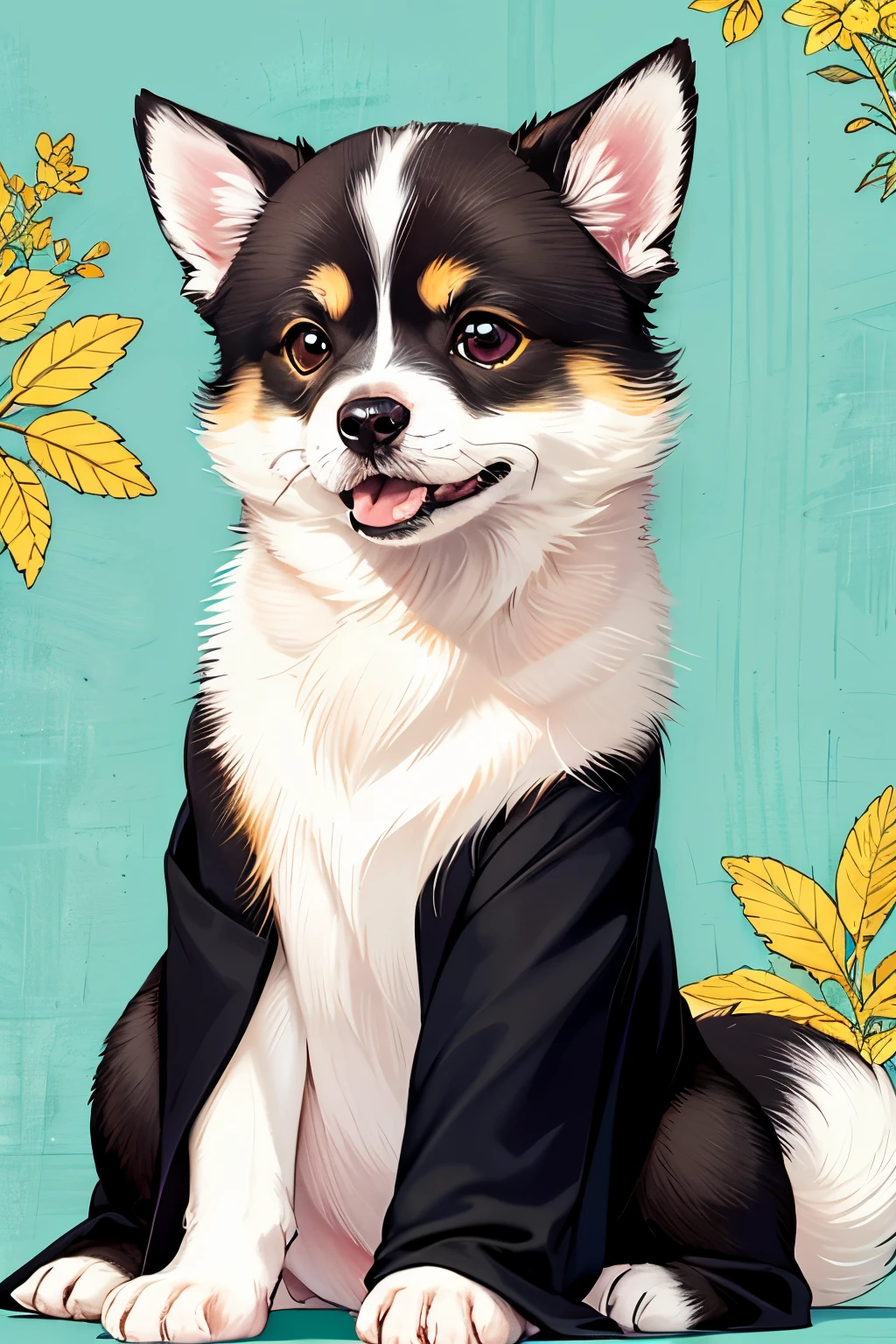 Shiba dog(pup、A black、Round eyes、Kimono)
Background with(Green and blue)