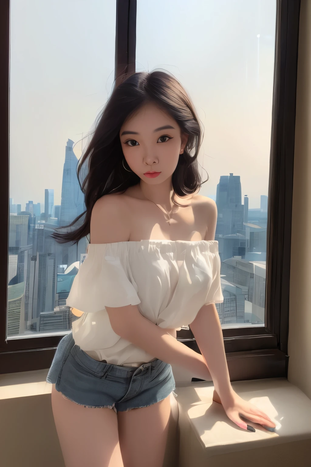 (Highly detailed 8k wallpaper), sharp focus, detailed, dramatic, delicate and beautiful young girl, (slim face, Slim Waist, Slim legs), (perky uplifted breasts:1.2), cleavage, blunt bangs, (wearing off-shoulder shirt and mini hot shorts:1.5), (downblouse:1.2), Half Butterfly Earrings、silver necklace with opal, jewelry, (pouting her lips,:1.5), (oozing seduction:1.5), brushing, graphics beautiful, in high-rise building, Modern office with a city skyline view, Full Glass Wide Window, laying in gorgeous bed by window, 3/4 body shot,