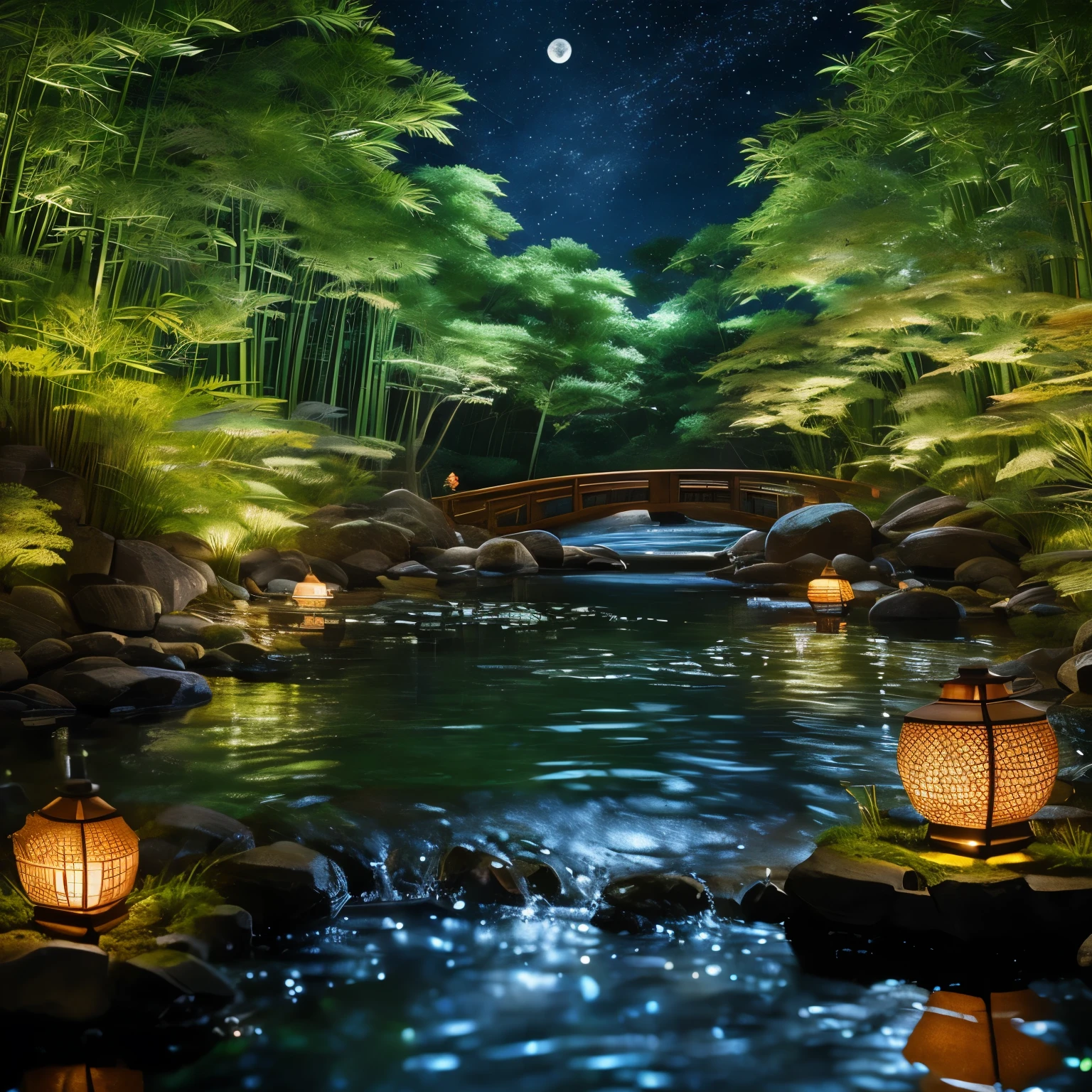 Insects, The butt of a firefly flashing with light, finest image, 8k, RAW photo, realistic, detailed, delicate, flashy and dynamic depiction, a summer night, a beautiful clear stream, a bamboo forest, the moon, and a starry sky, Japanese style drawing, ukiyo-e style, art