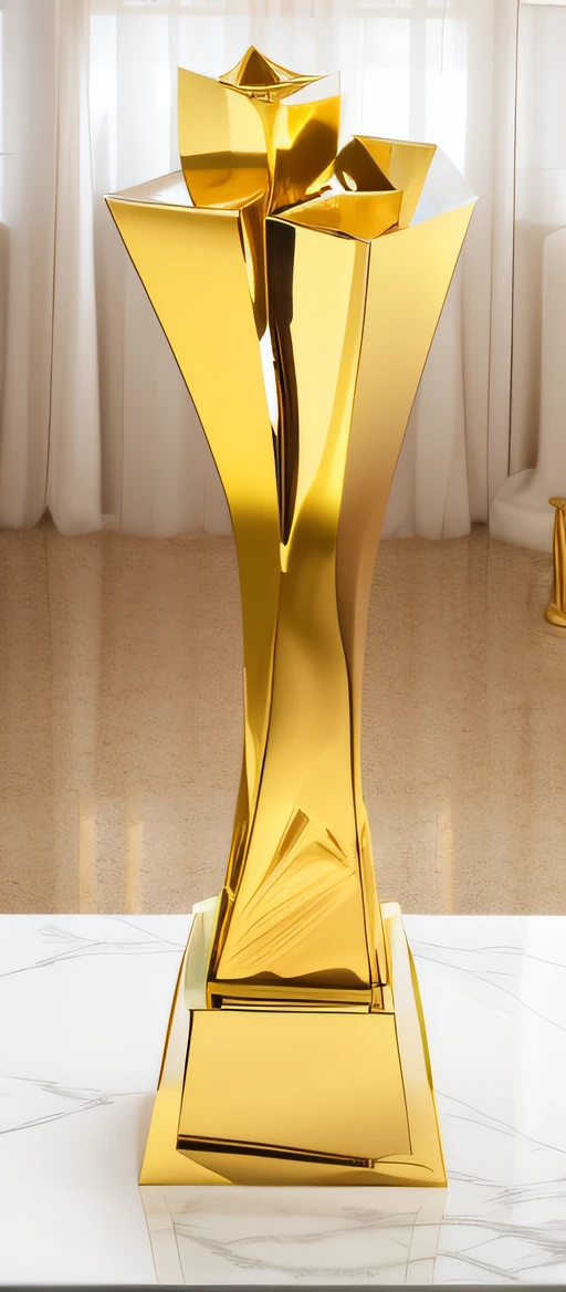 A polished golden trophy lies on a stone table，White cement wall in background，Side lighting，True reflection。shot from bird&#39;Eye view，Show the nobility and glory of the trophy。the composition is symmetrical、with clean lines，vibrant with colors。golden trophy sparkling，Presenting strong visual impact and heart-warming emotions。using a wide angle lens，The effect is outstanding，Enhanced the presence of trophies。